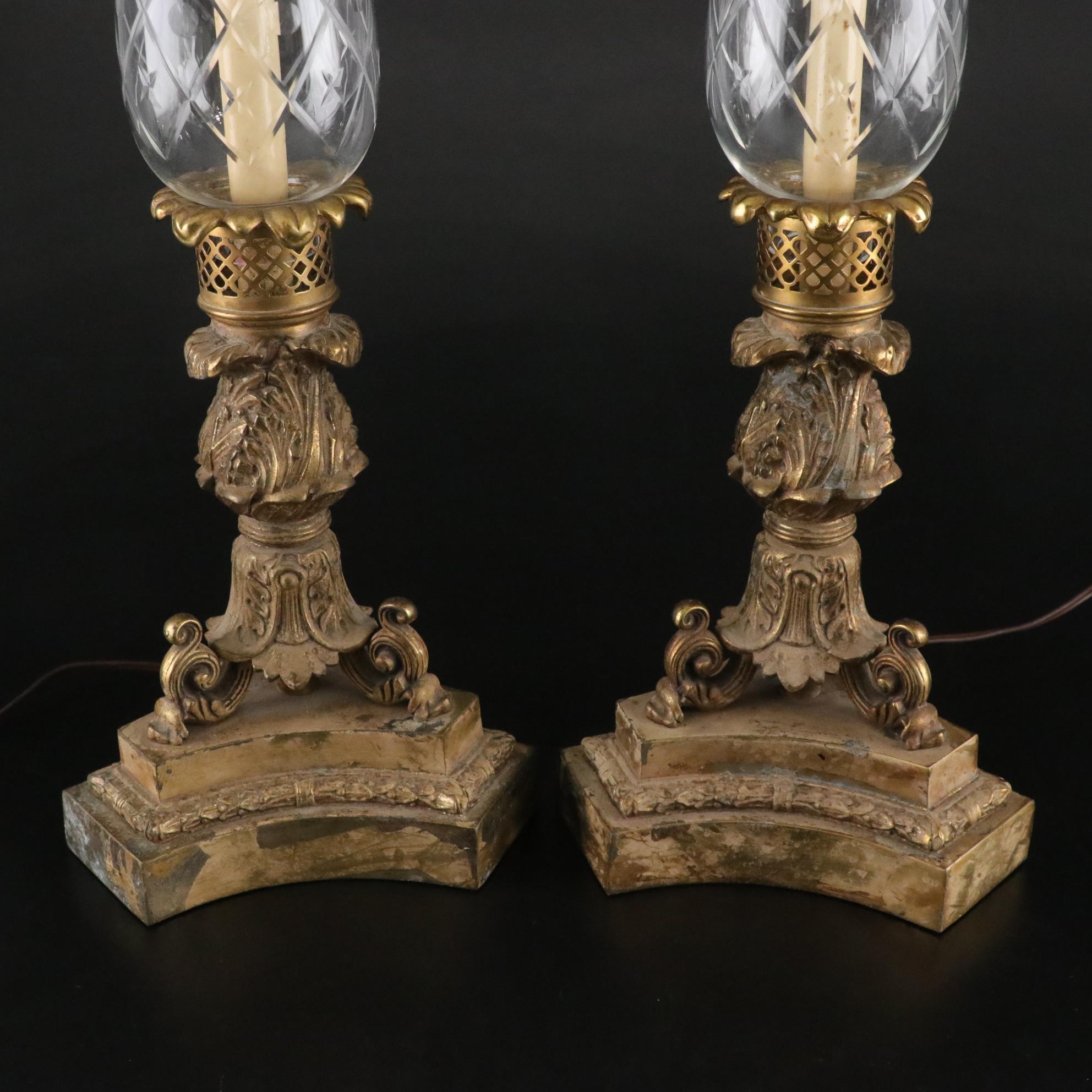 Neoclassical Brass Lamps with Cut Glass Hurricanes, Mid-20th Century
