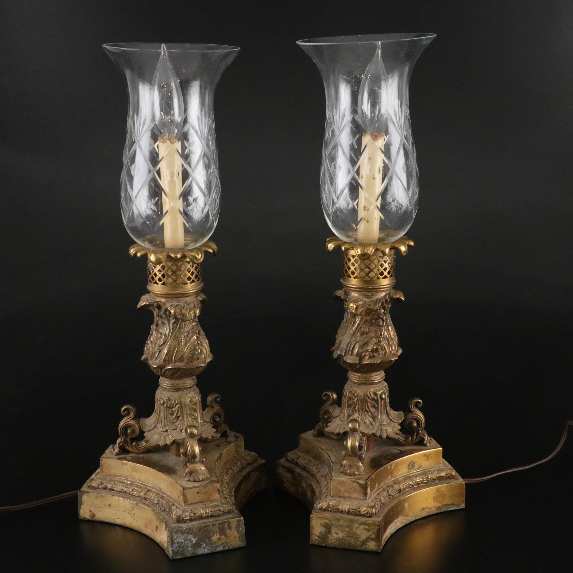 Neoclassical Brass Lamps with Cut Glass Hurricanes, Mid-20th Century