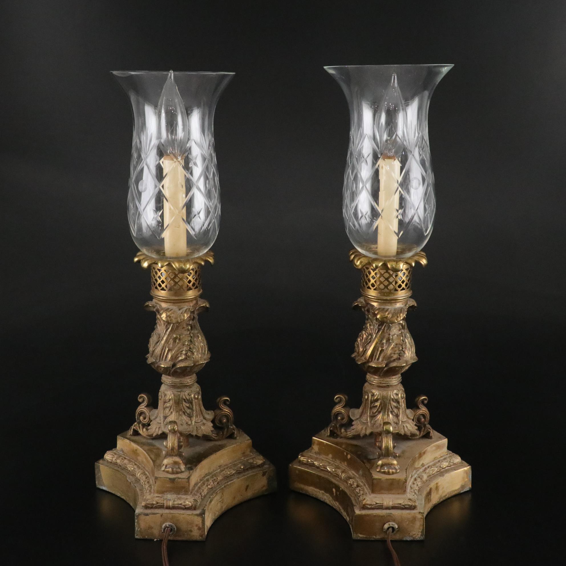Neoclassical Brass Lamps with Cut Glass Hurricanes, Mid-20th Century