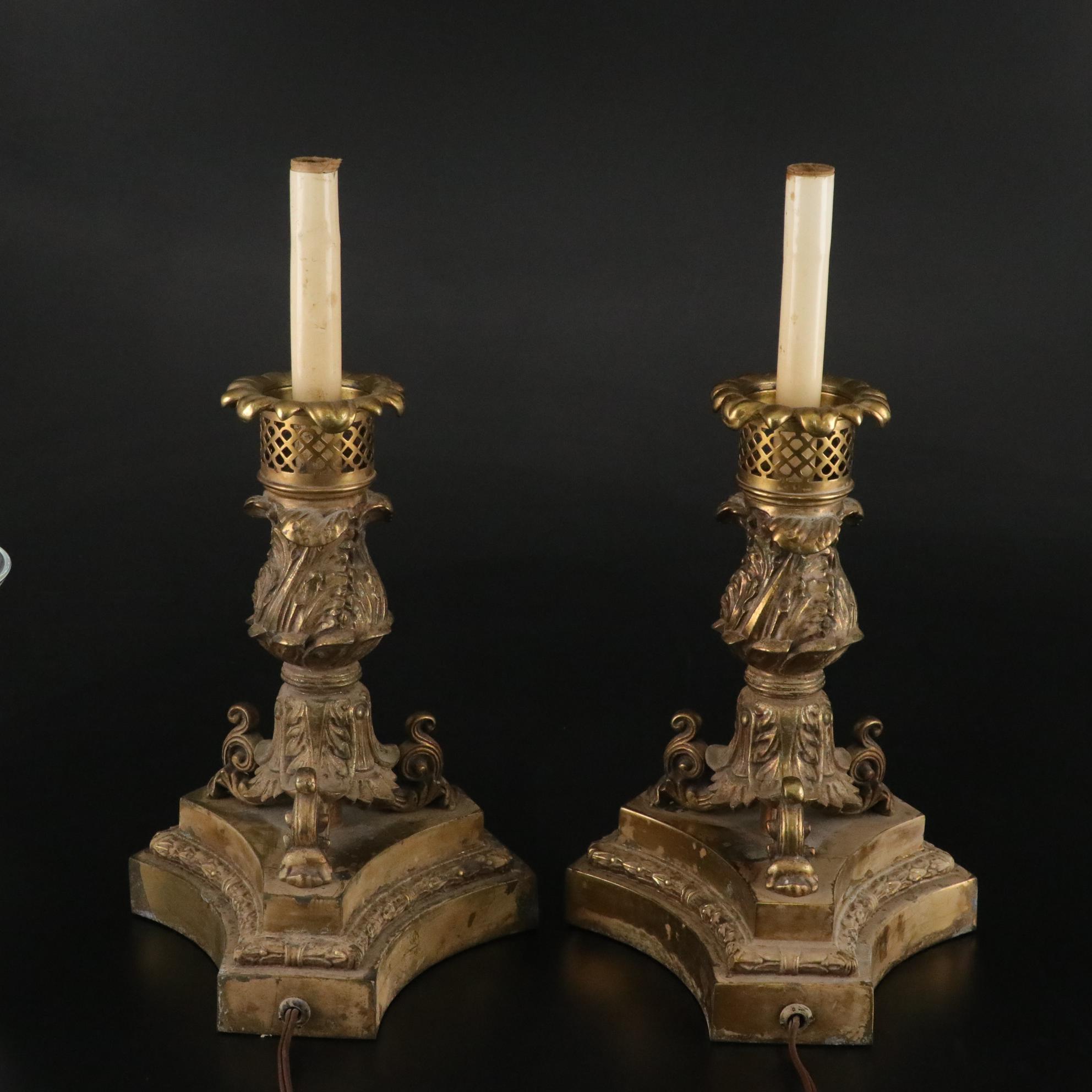 Neoclassical Brass Lamps with Cut Glass Hurricanes, Mid-20th Century