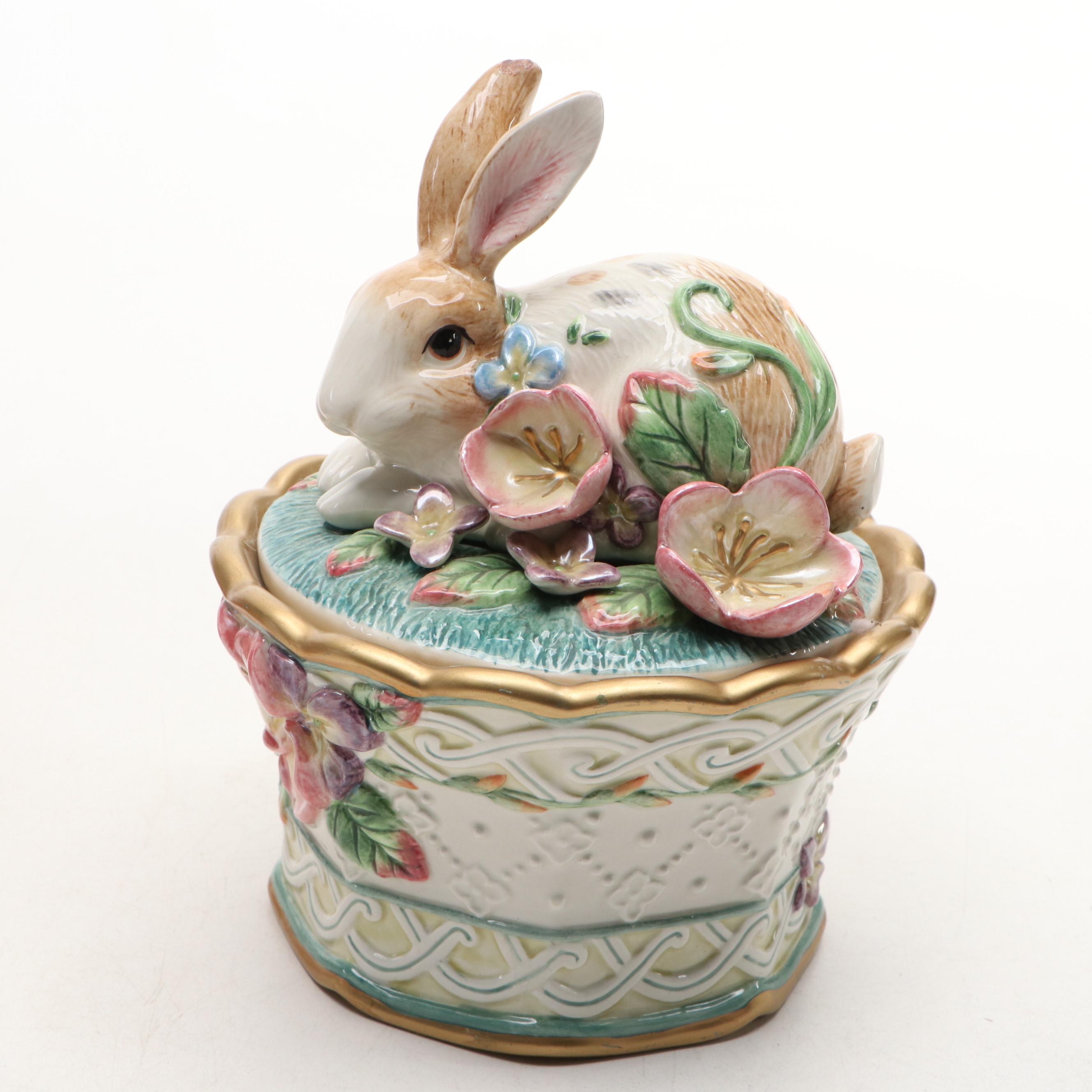 Fitz & Floyd "Bunny Hollow" Porcelain Lidded Jar with Other Rabbit Figurines