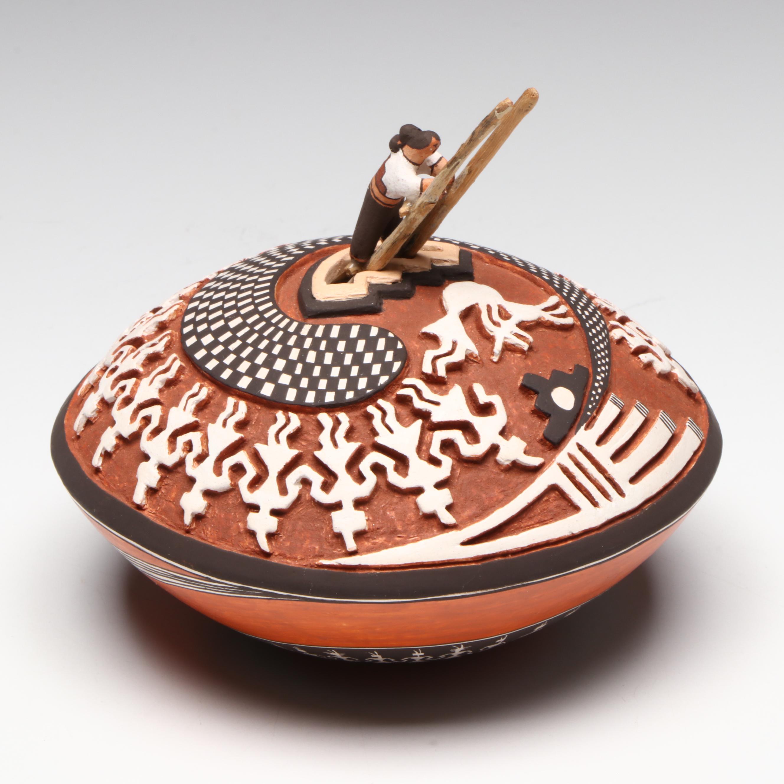 Lilly Maria Salvador Acoma Pueblo Pottery Seed Pot with "Two Worlds" Figure
