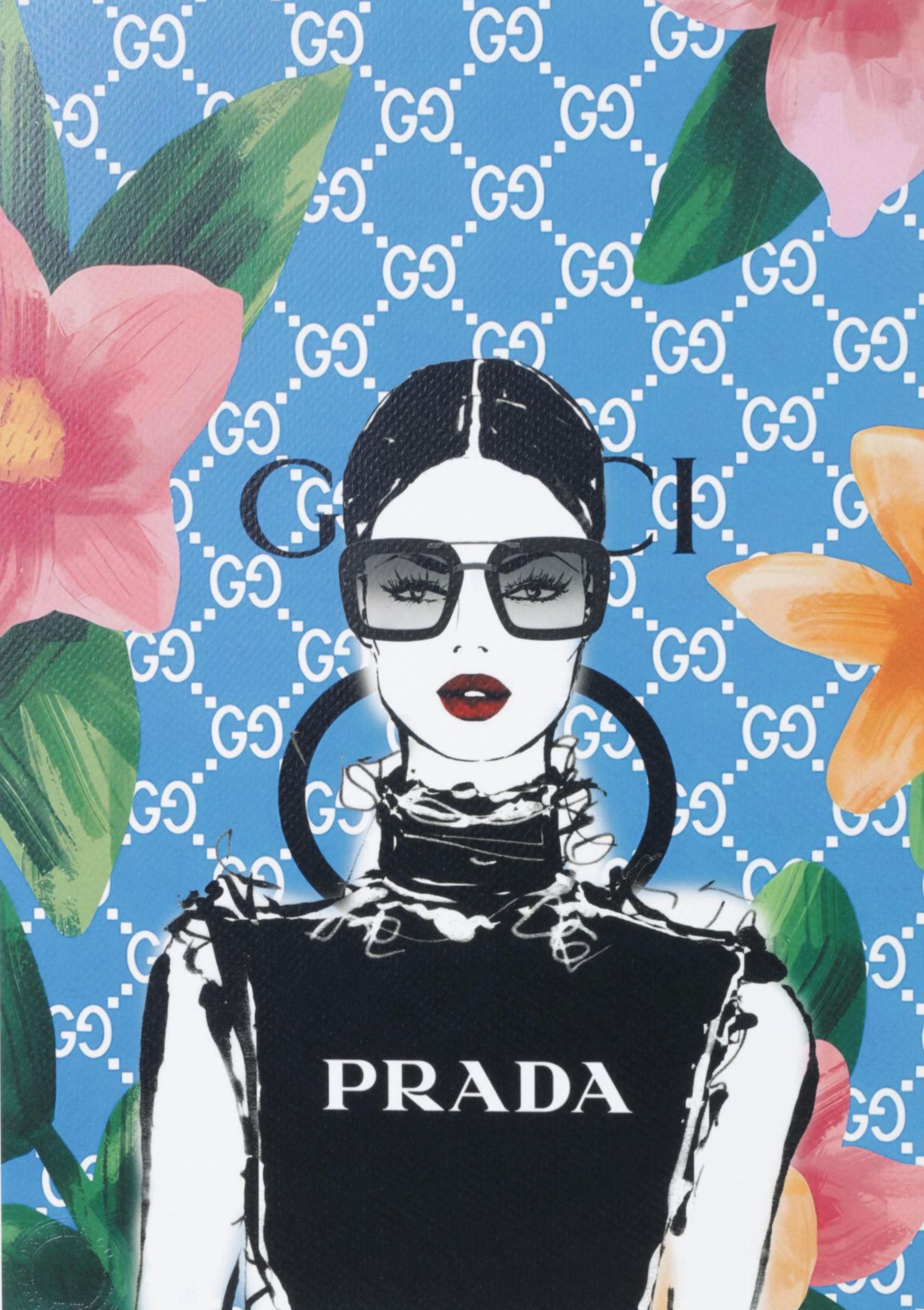 Death NYC Pop Art Graphic Print Homage to Gucci and Prada with Flowers, 2024