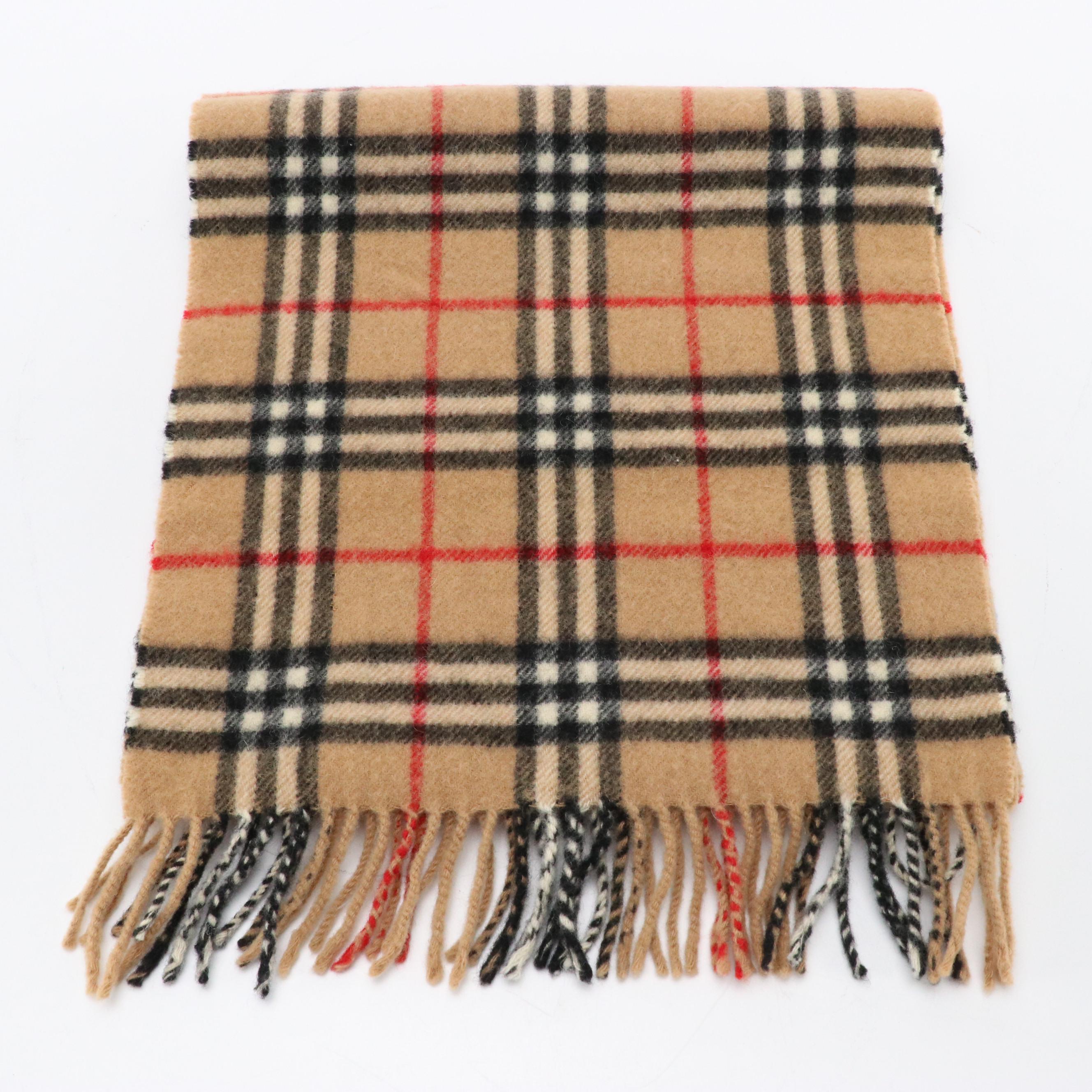 Burberrys Tan Check Fringe Scarf in Lambswool