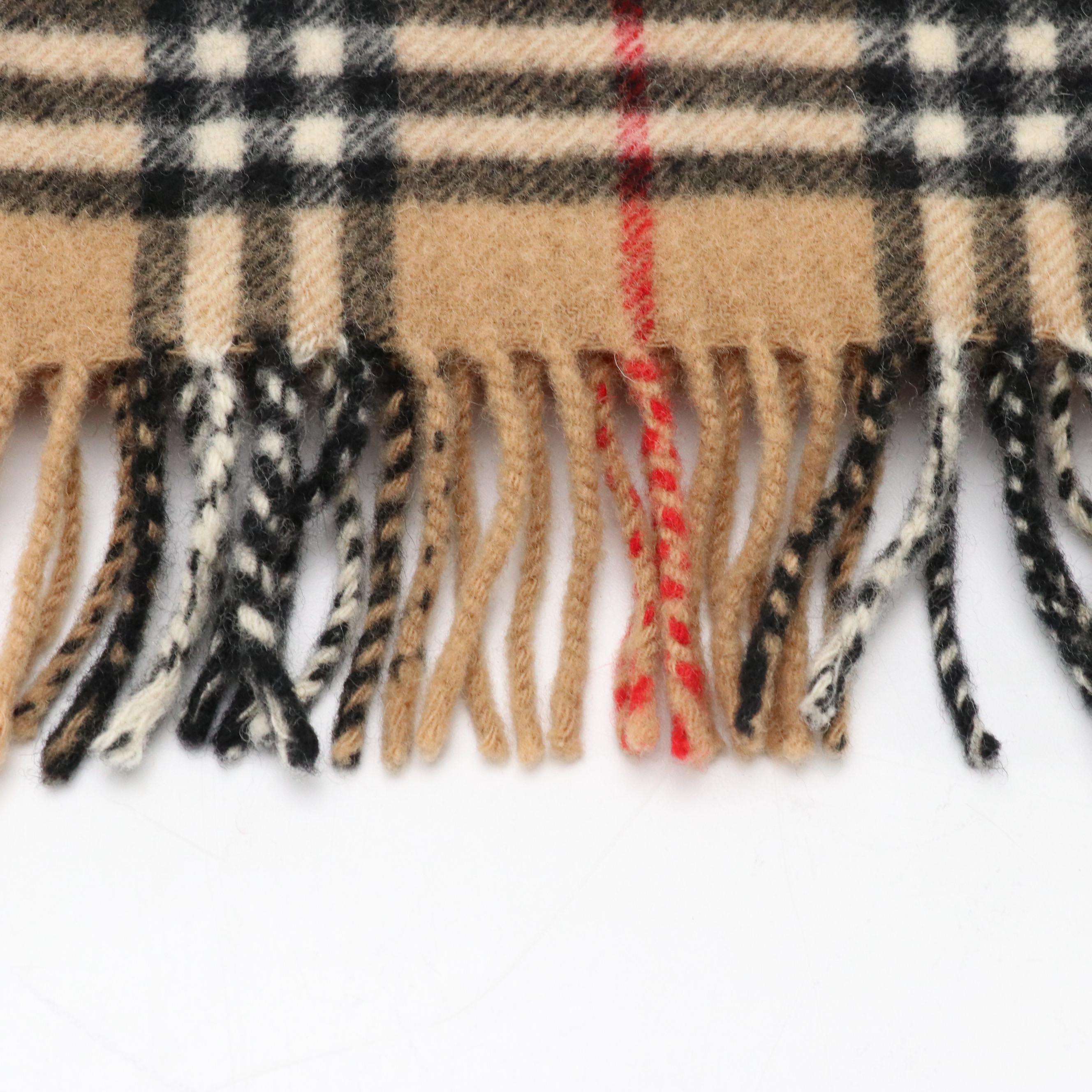Burberrys Tan Check Fringe Scarf in Lambswool