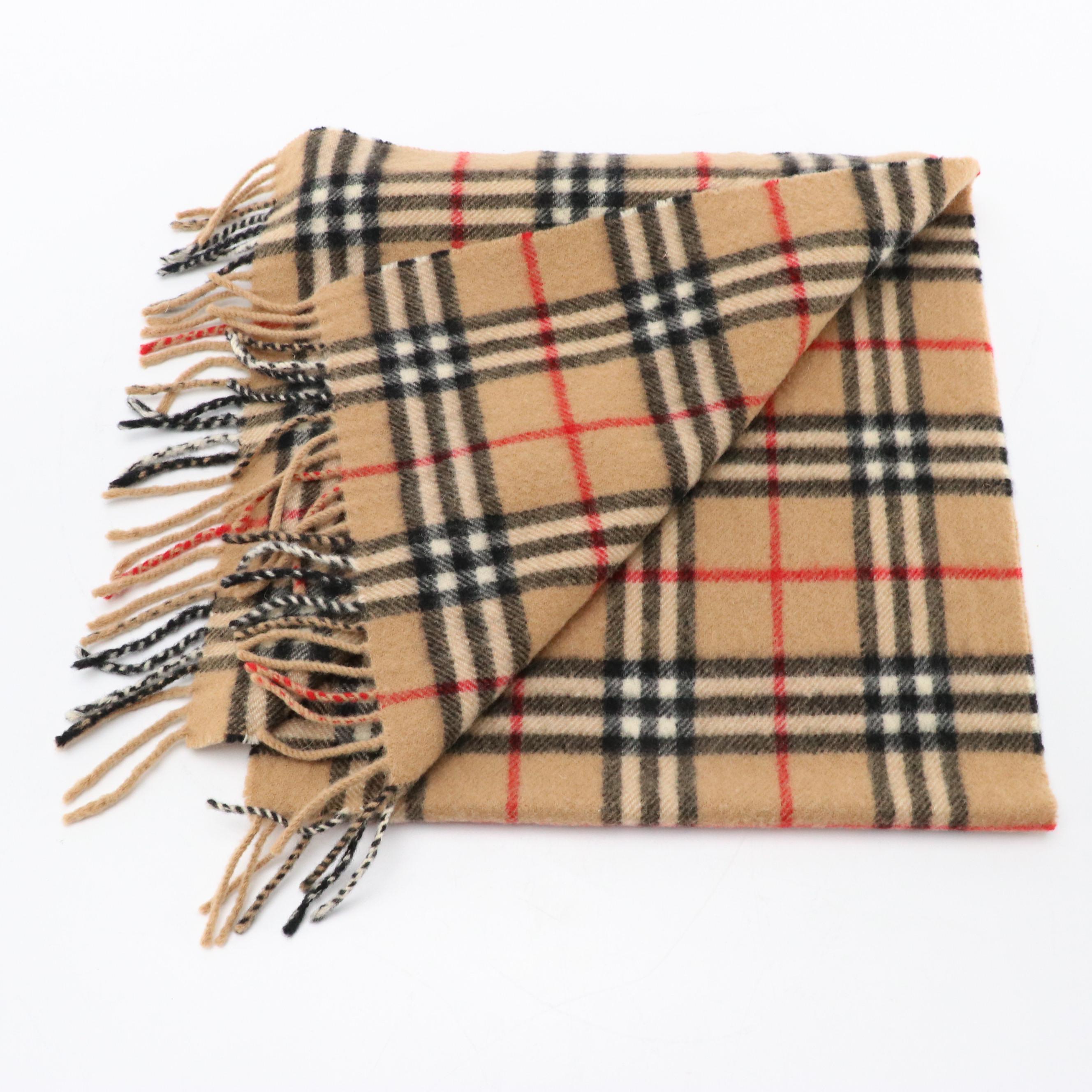 Burberrys Tan Check Fringe Scarf in Lambswool
