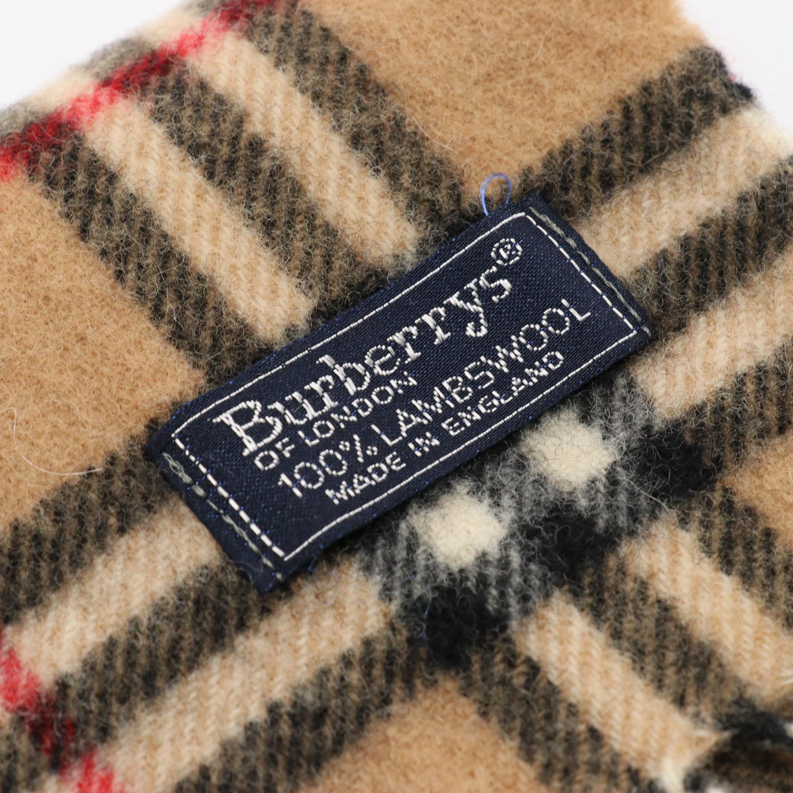 Burberrys Tan Check Fringe Scarf in Lambswool