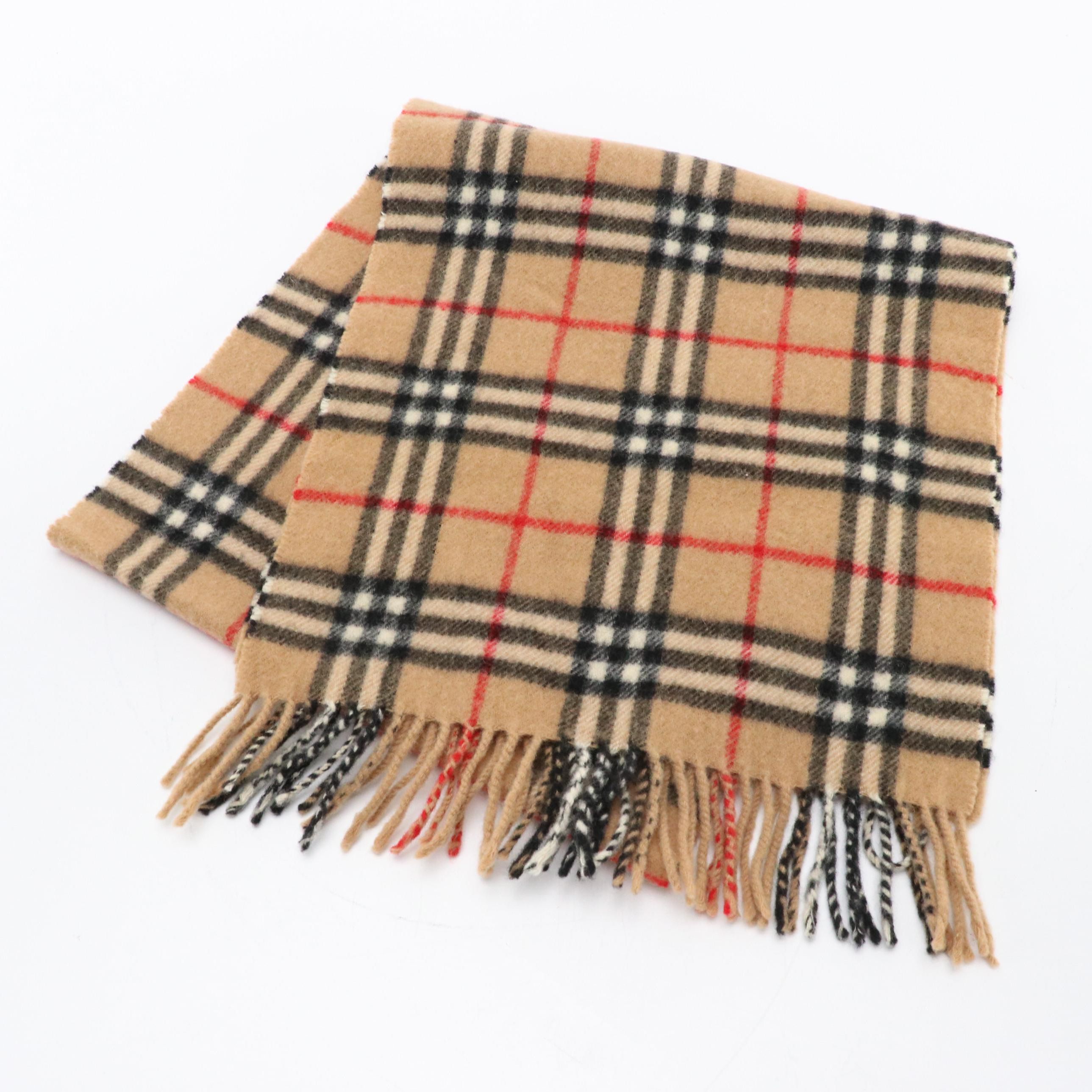 Burberrys Tan Check Fringe Scarf in Lambswool
