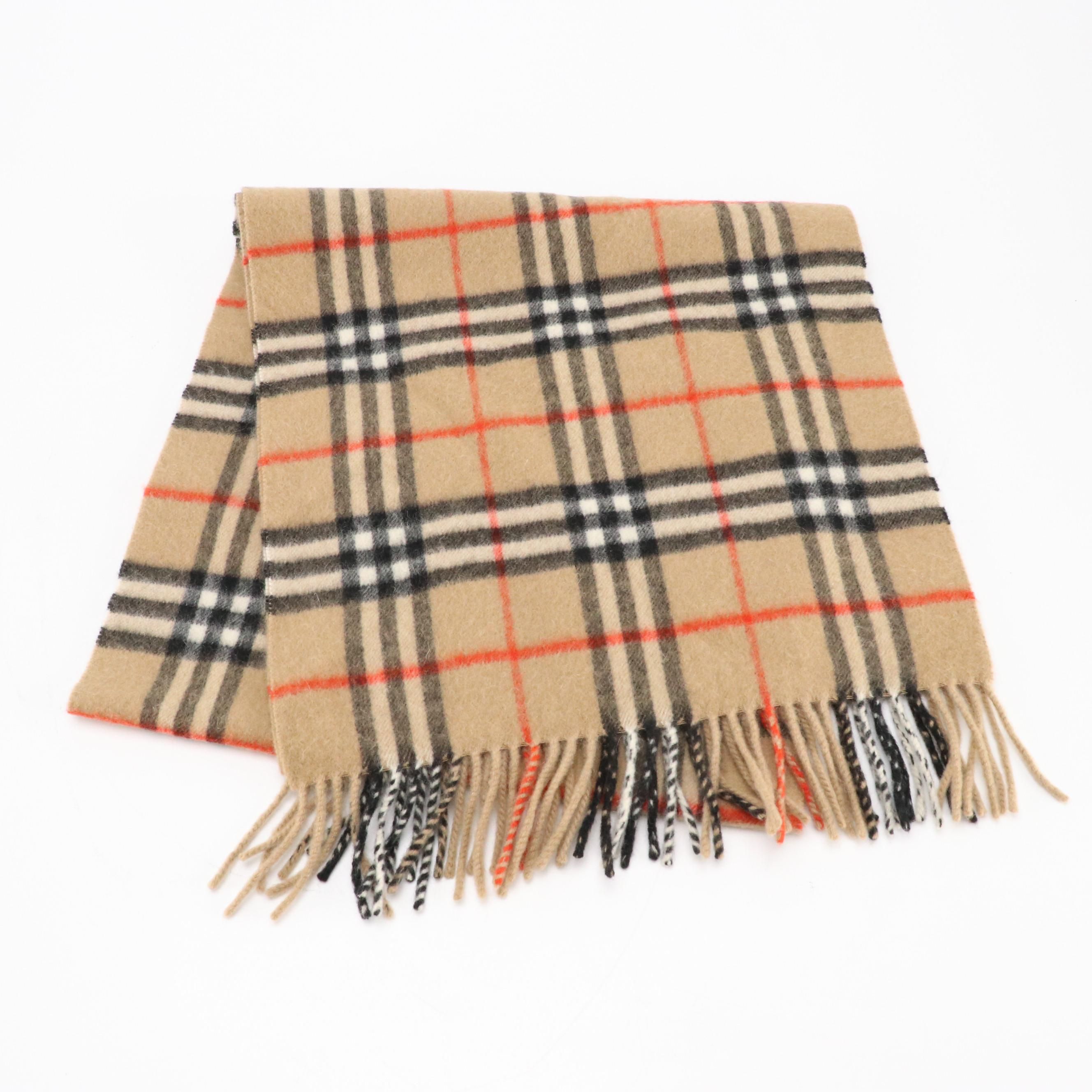 Burberrys Tan Check Fringe Scarf in Cashmere
