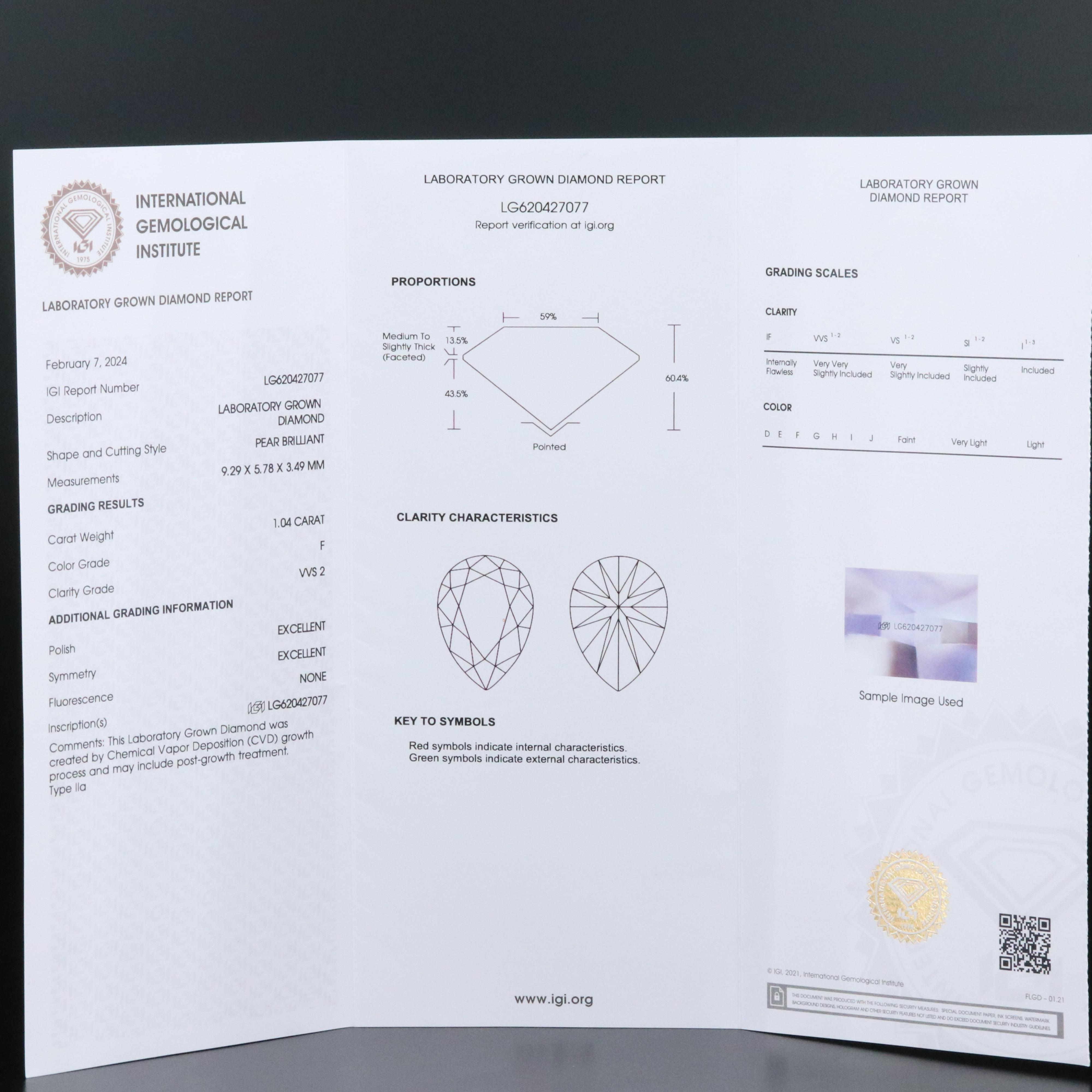 Loose 1.04 CT Lab Grown Diamond with IGI Report