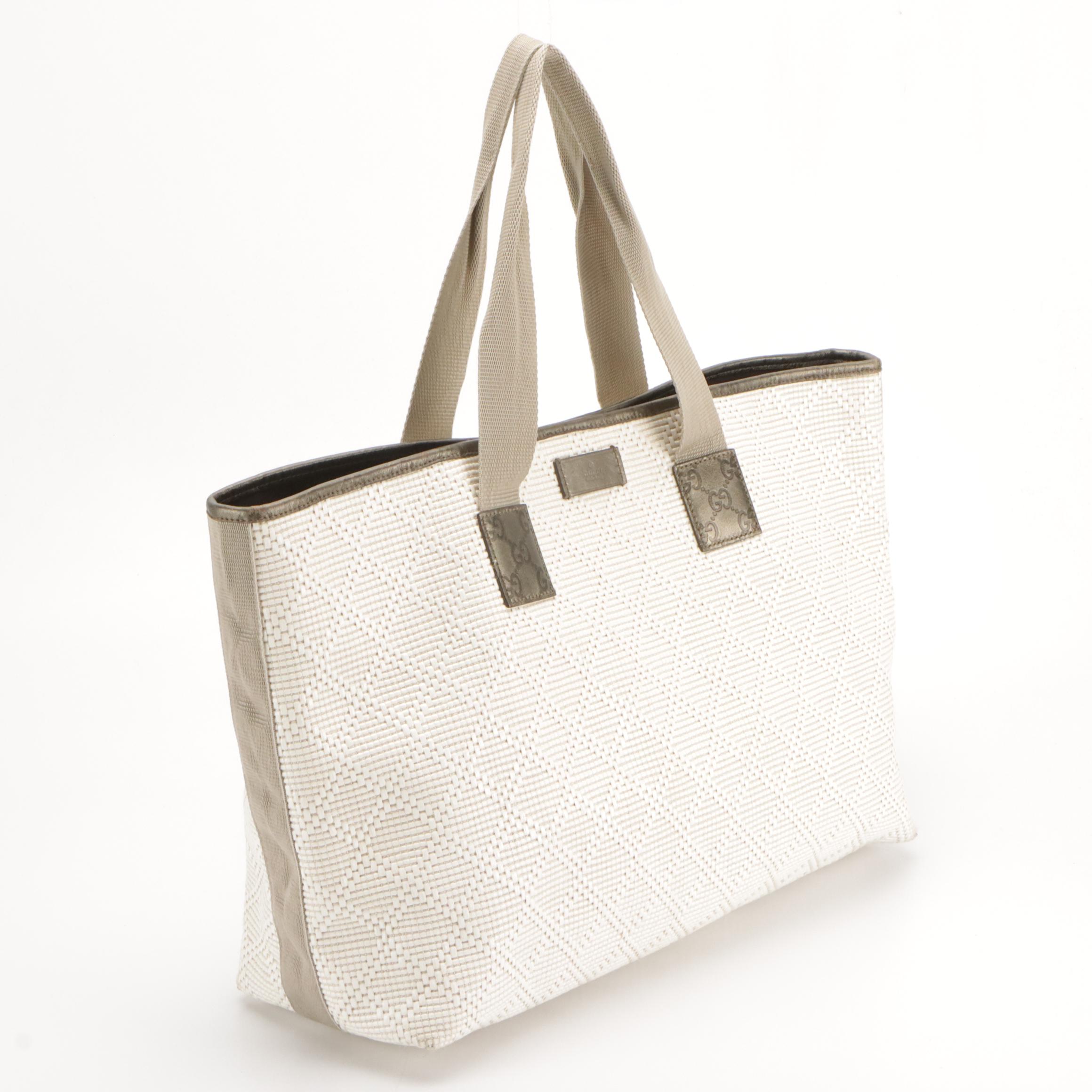 Gucci Diamante Woven Raffia Tote with Shimmery Guccissima Leather Accents