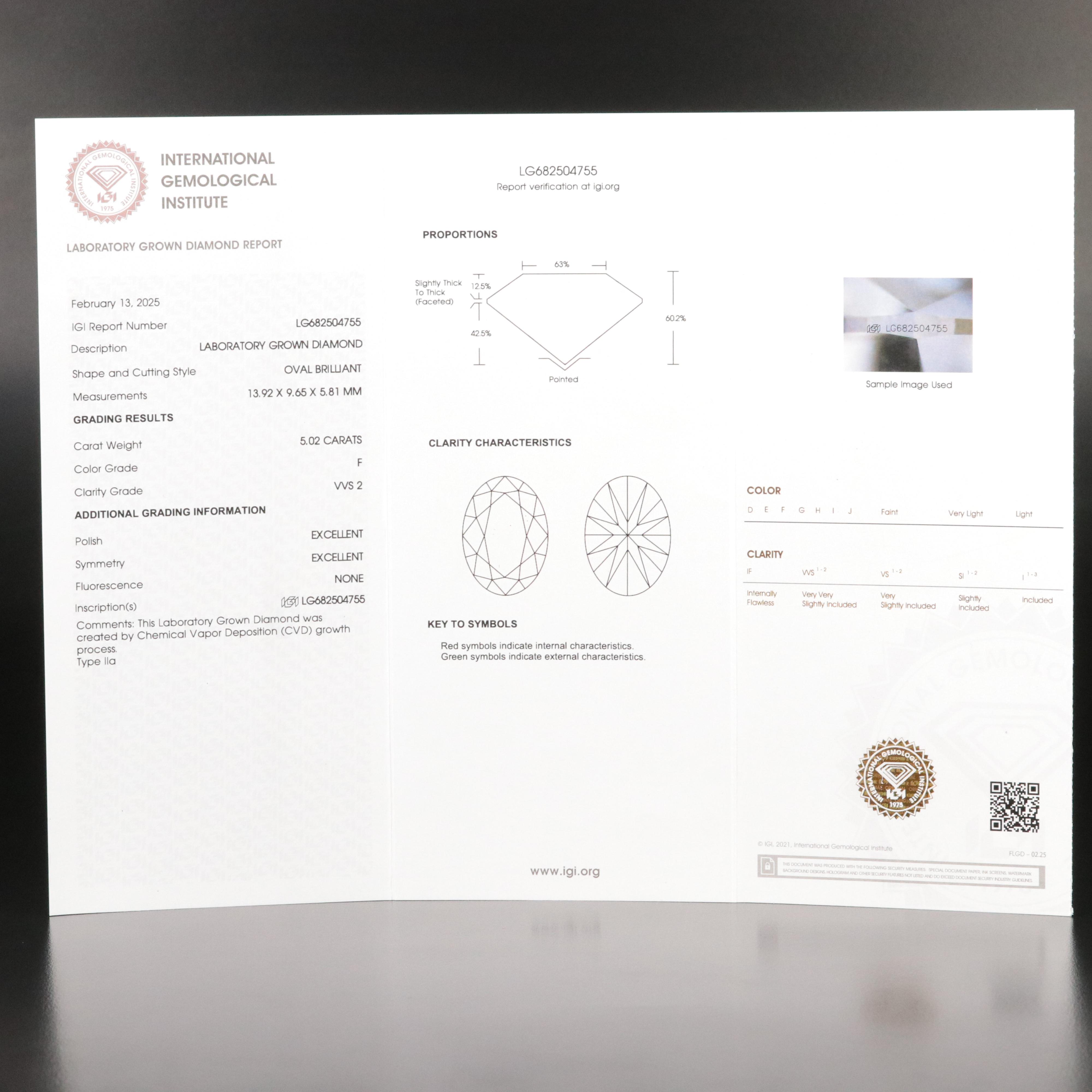 Loose 5.02 CT Lab Grown Diamond with IGI Report