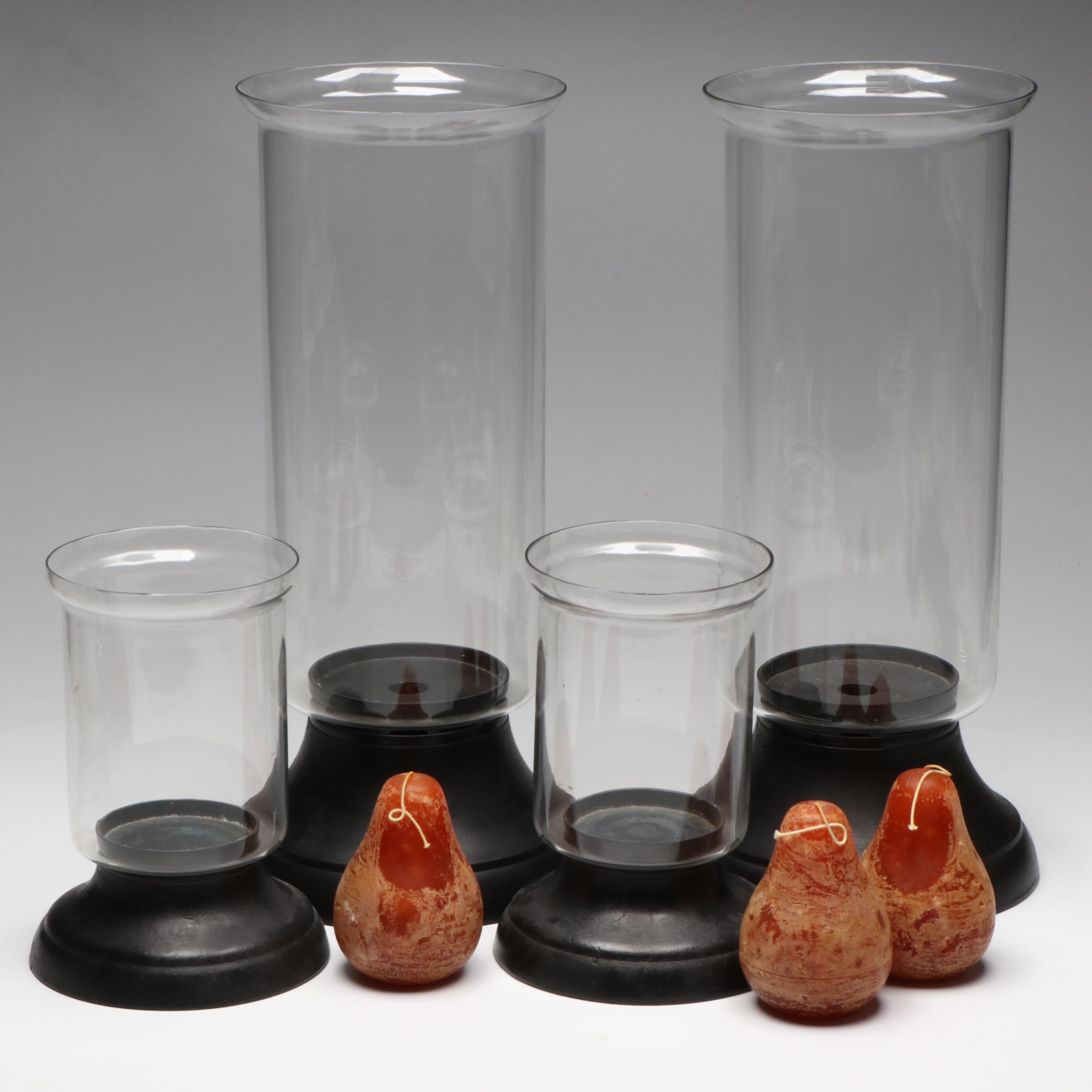 Pottery Barn Footed Hurricane Candle Holders with Candles