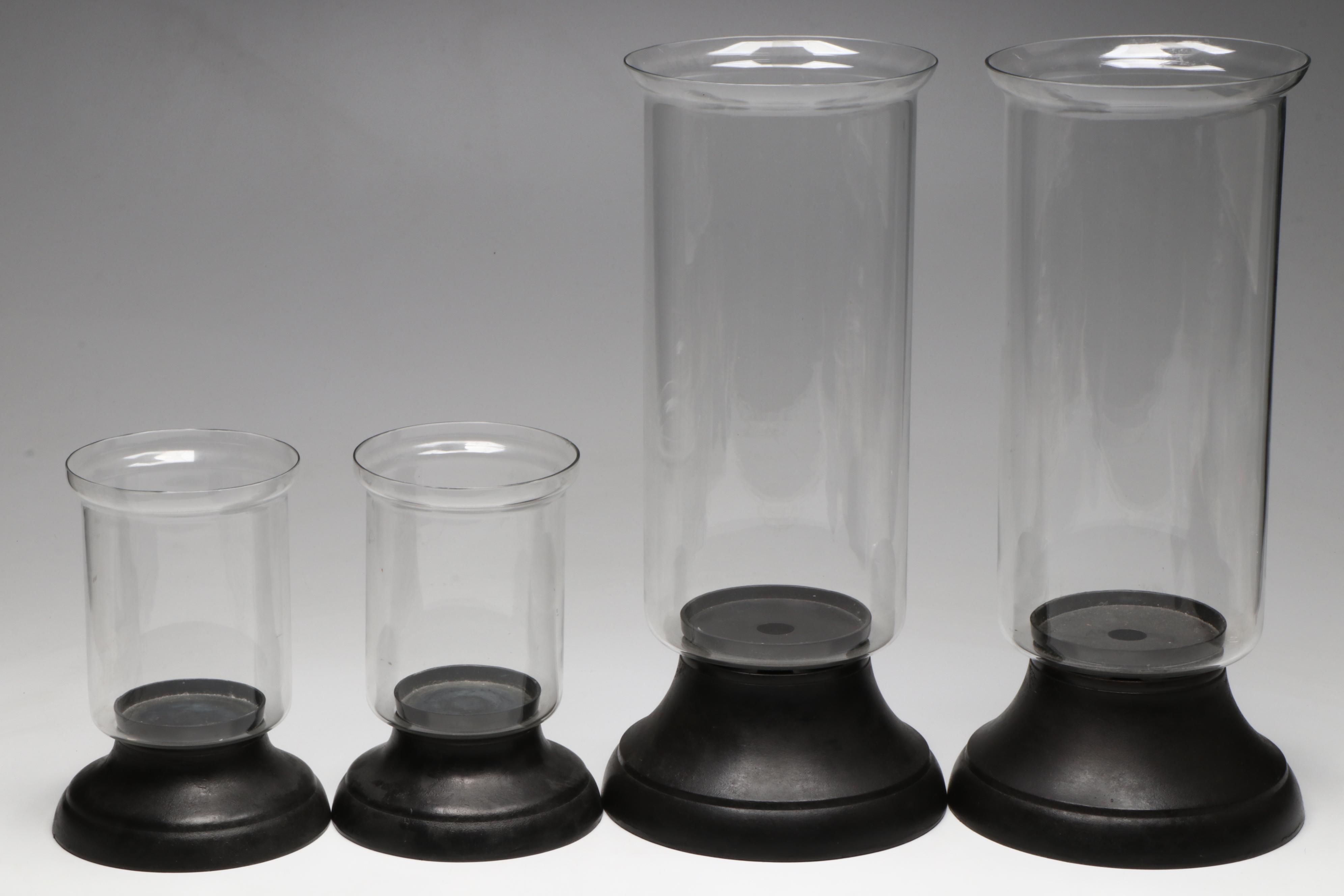 Pottery Barn Footed Hurricane Candle Holders with Candles