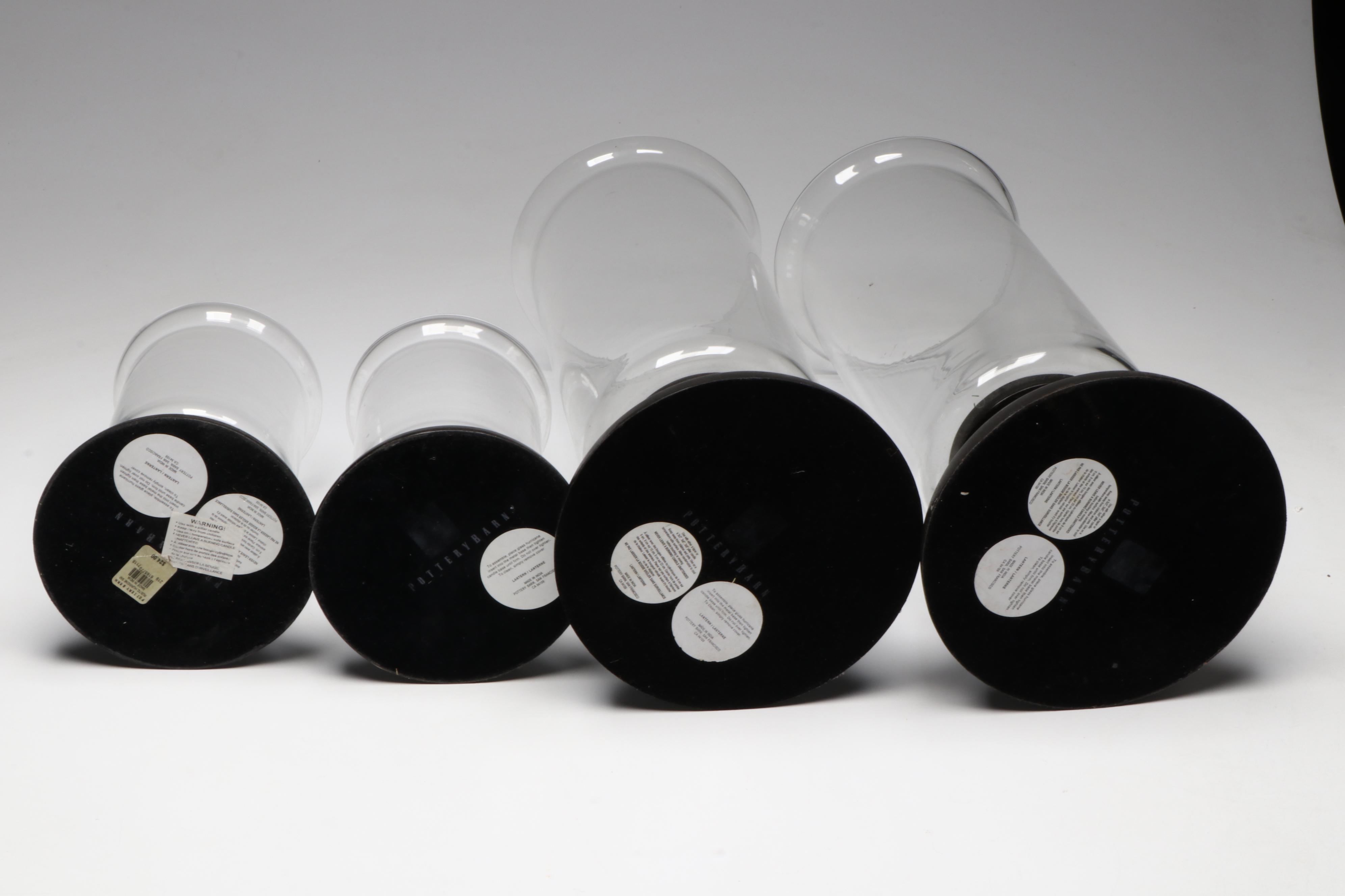 Pottery Barn Footed Hurricane Candle Holders with Candles