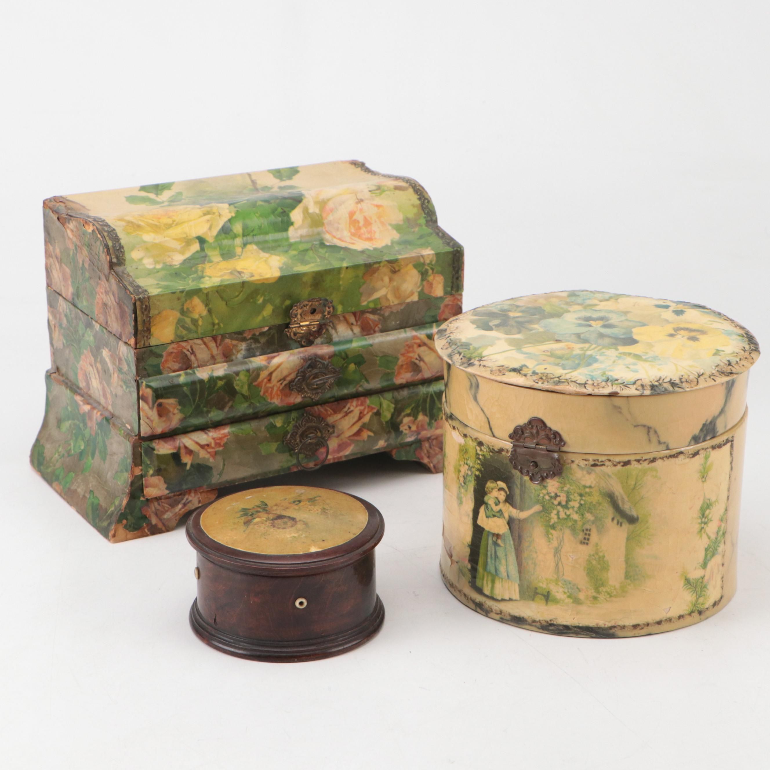J. & P. Coats Cotton Spool Box with Other Victorian Style Dresser Boxes