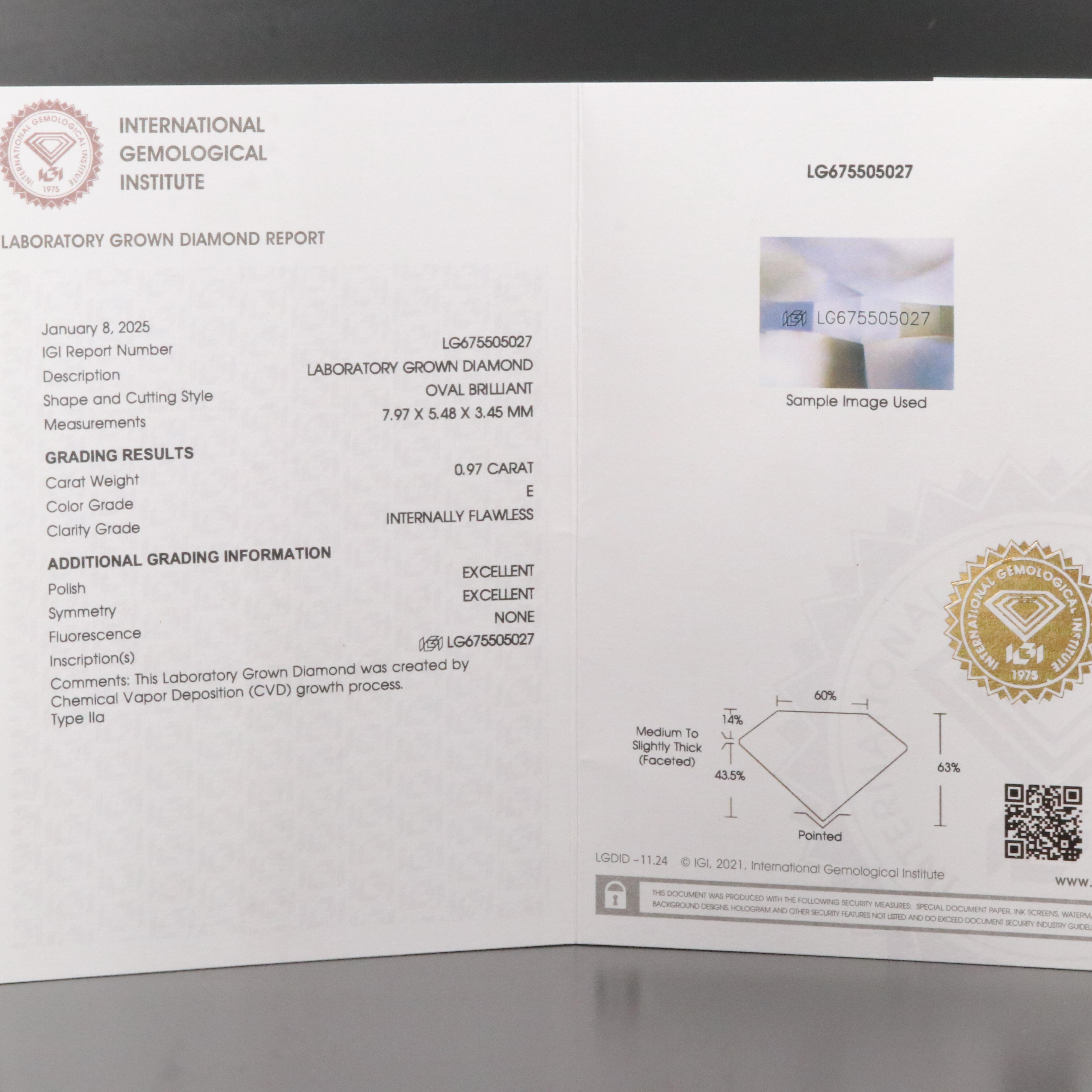 Loose 0.97 CT Internally Flawless Lab Grown Diamond with IGI Report