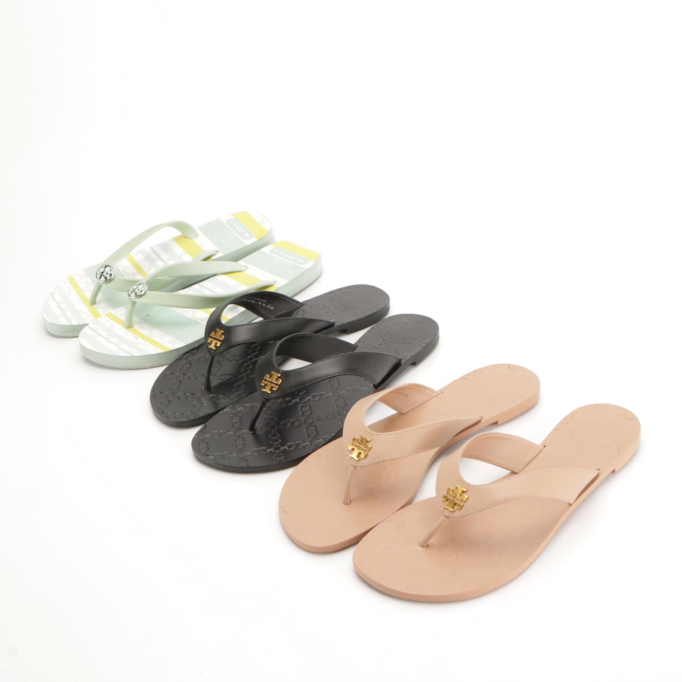 Tory Burch Monroe Leather Thongs with Boxes, Coach Logo Rubber Flip-Flops
