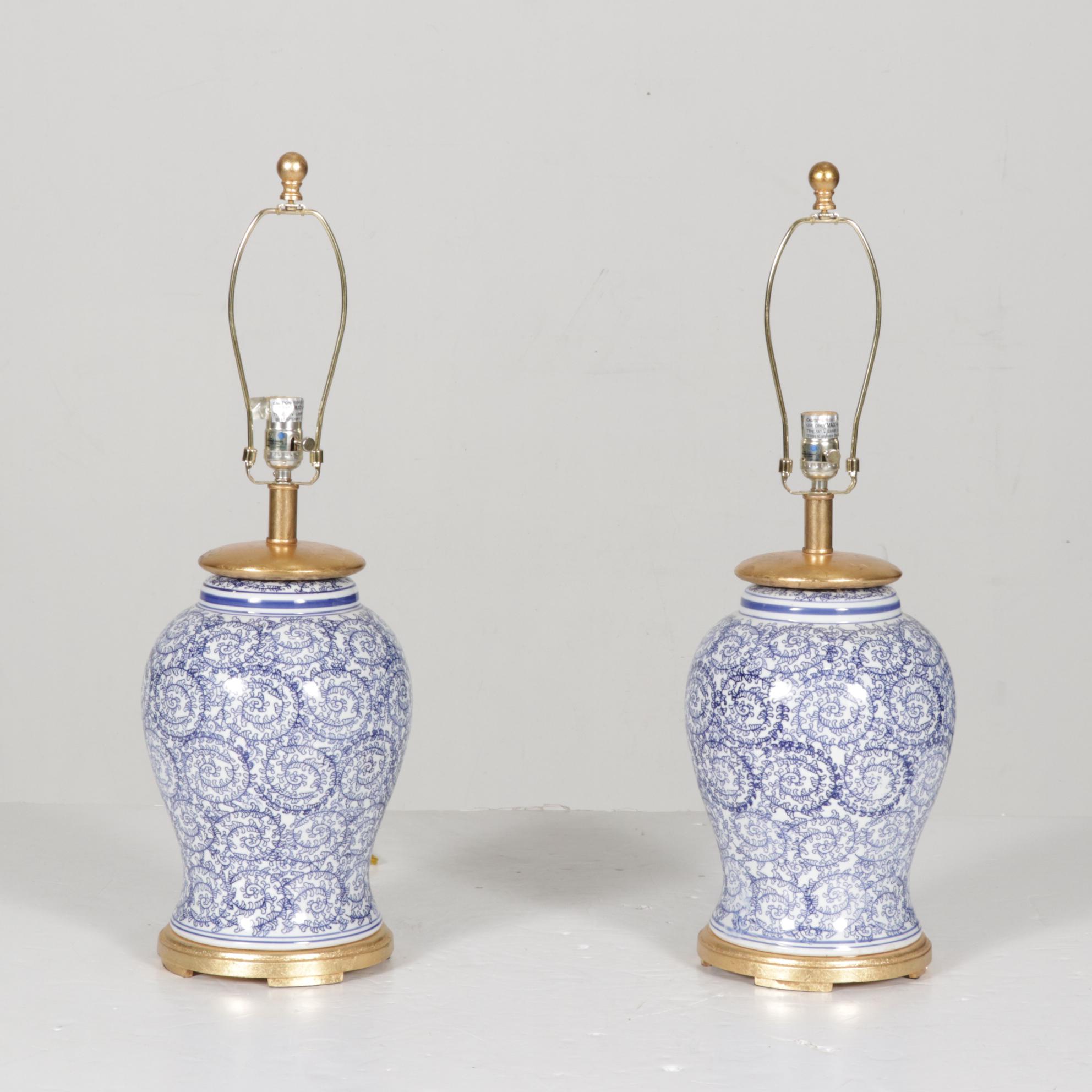 Blue and White Ceramic Ginger Jar Form Table Lamps, Pair