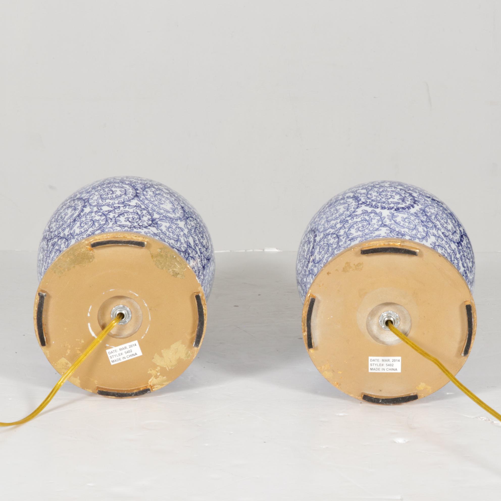 Blue and White Ceramic Ginger Jar Form Table Lamps, Pair