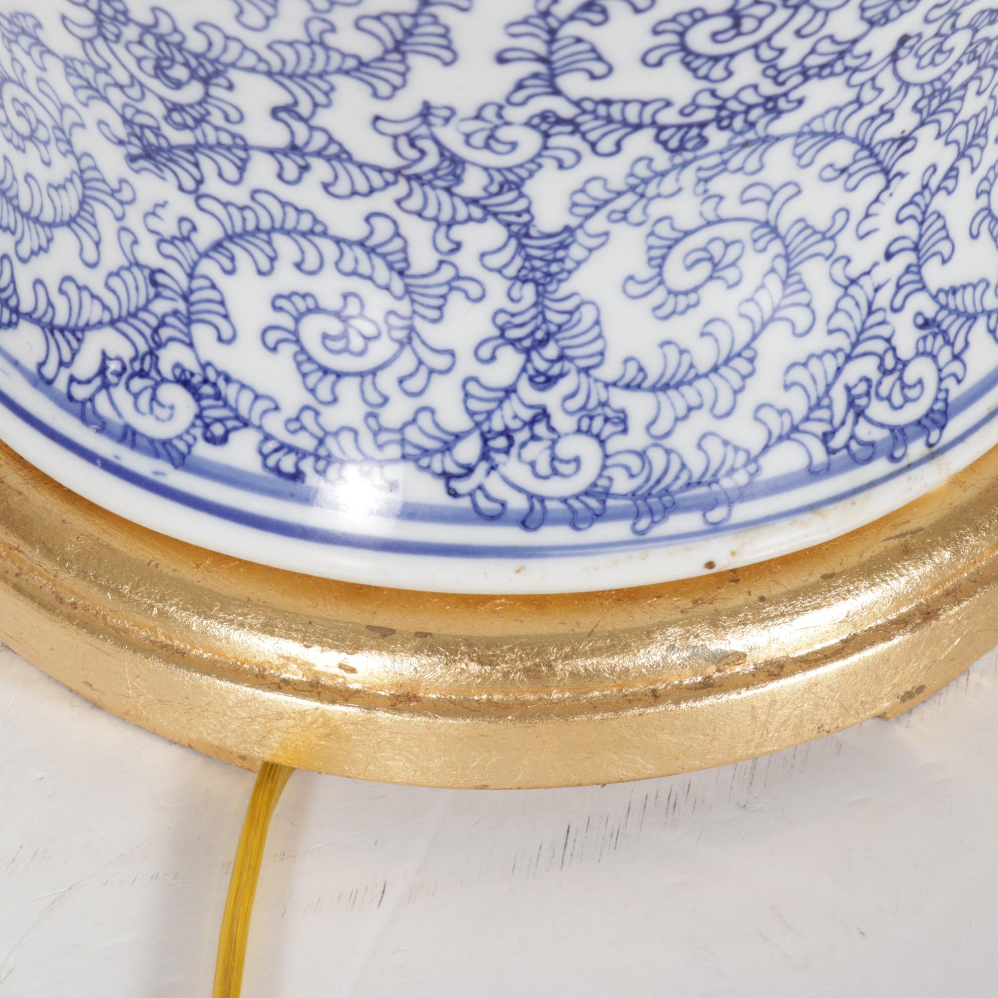 Blue and White Ceramic Ginger Jar Form Table Lamps, Pair