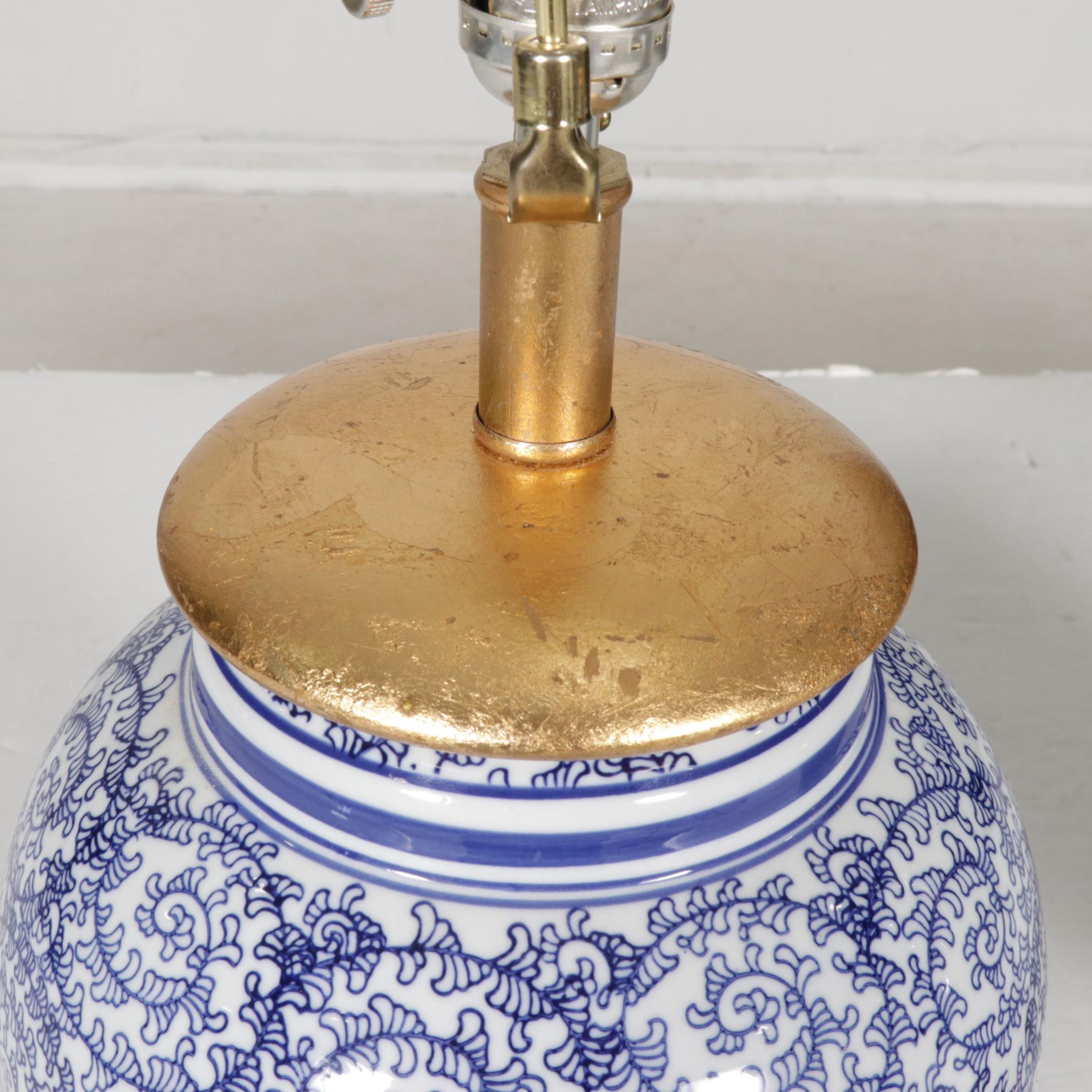 Blue and White Ceramic Ginger Jar Form Table Lamps, Pair