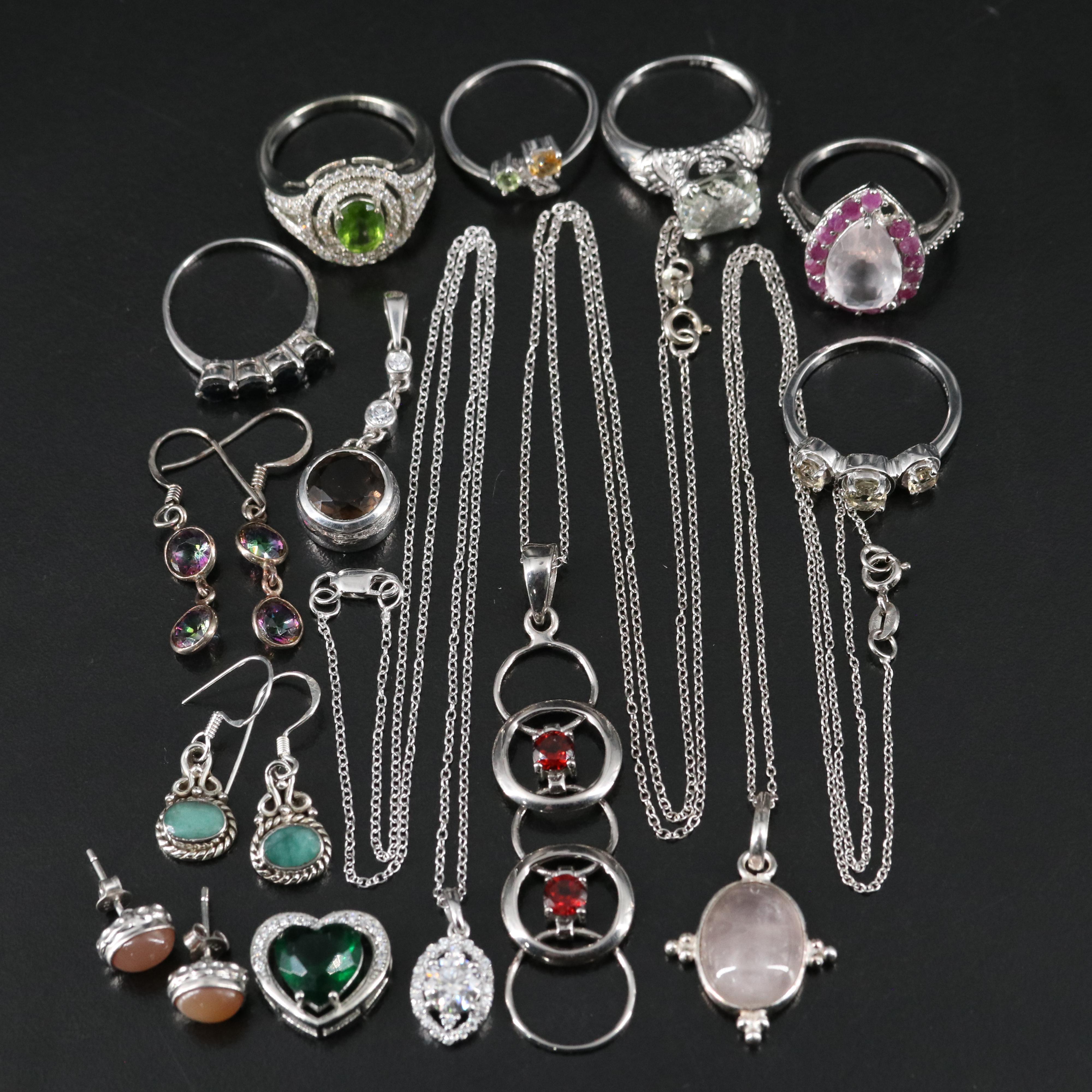 14 Assorted Sterling Silver Rings, Necklaces, Earrings, and Pendants