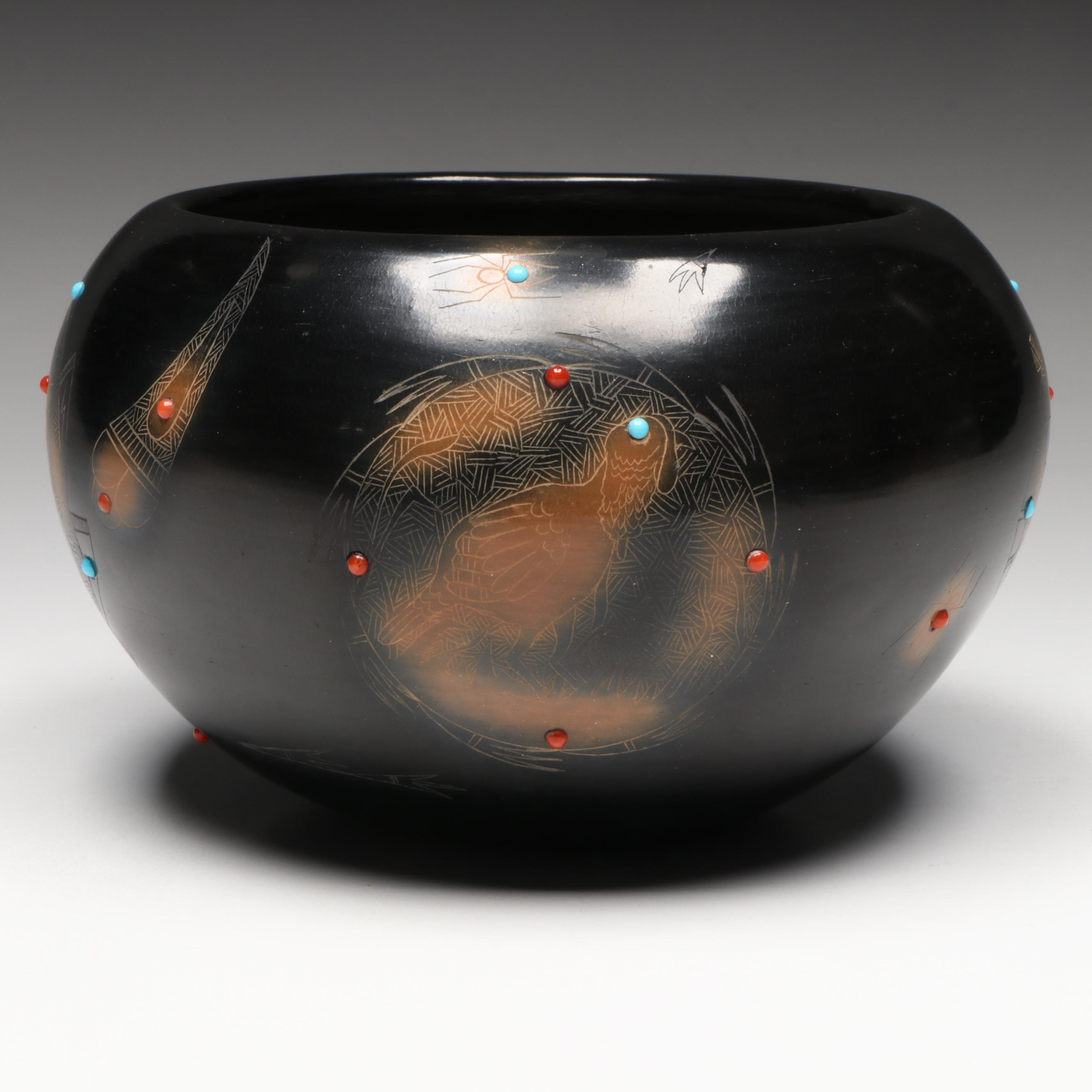 Barbara Gonzales San Ildefonso Pueblo Sgraffito Bowl with Butterflies