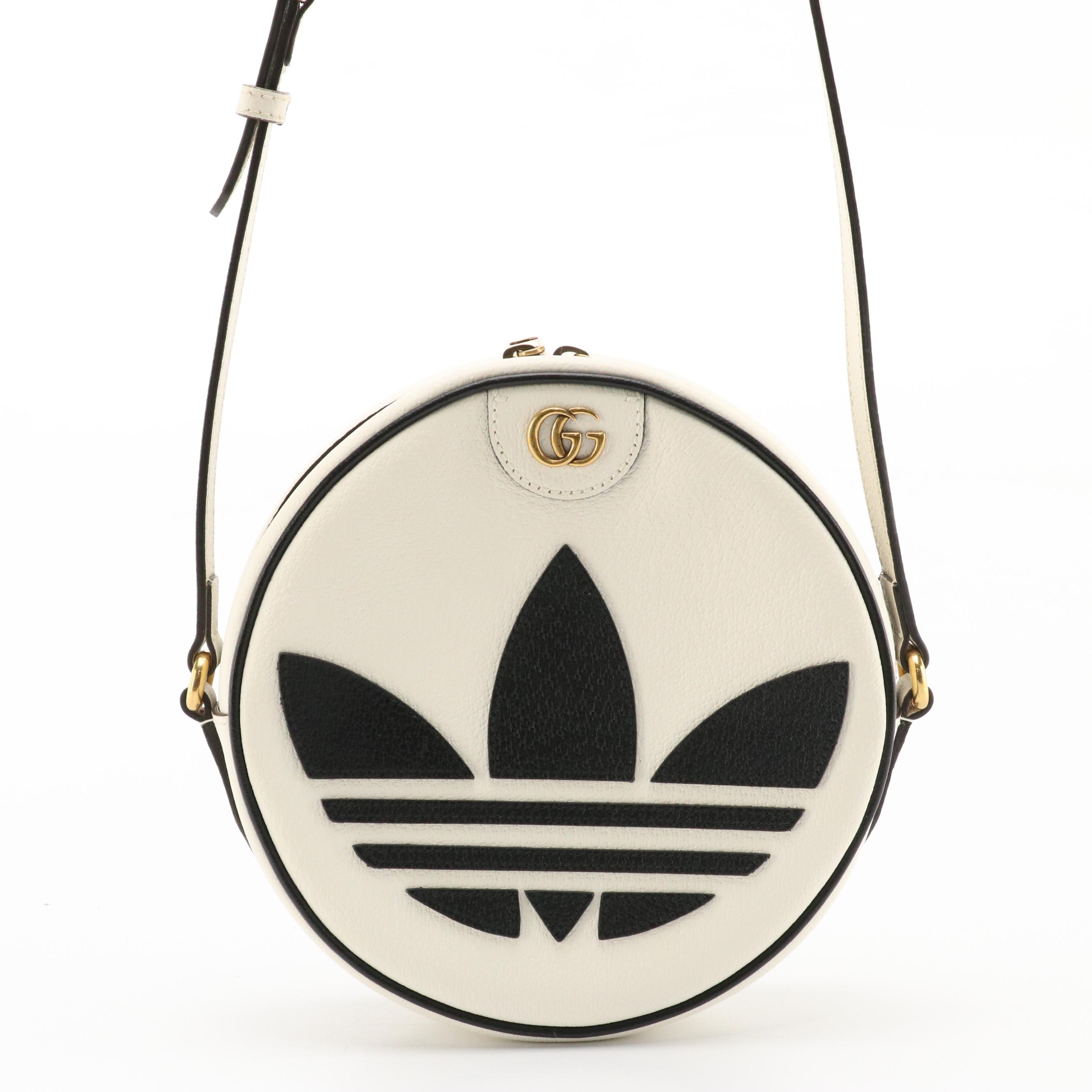 adidas x Gucci Ophidia Round Bag in Off White/Black Cinghiale Leather with Box
