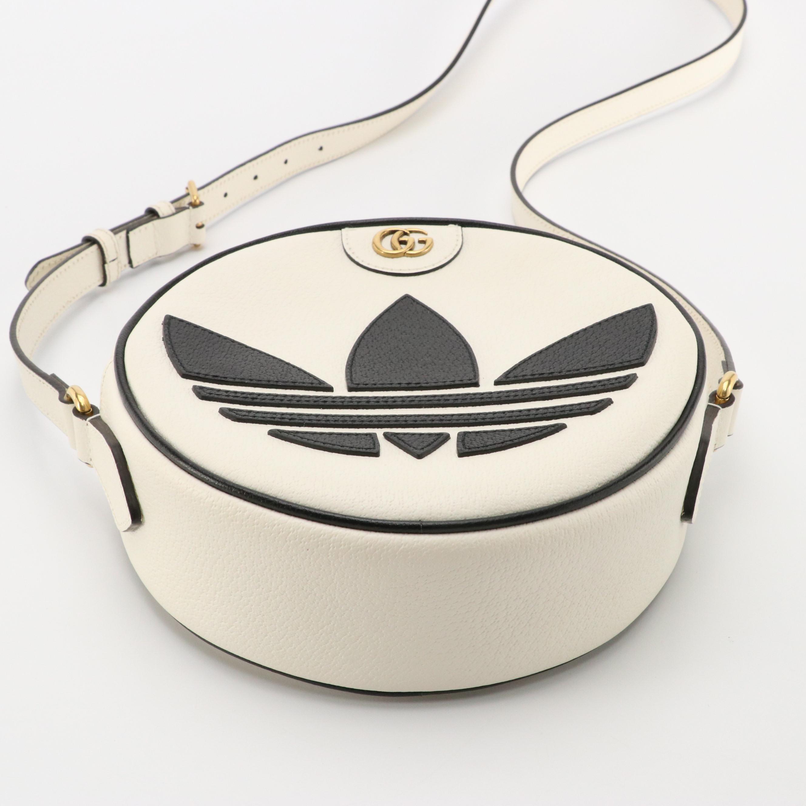 adidas x Gucci Ophidia Round Bag in Off White/Black Cinghiale Leather with Box