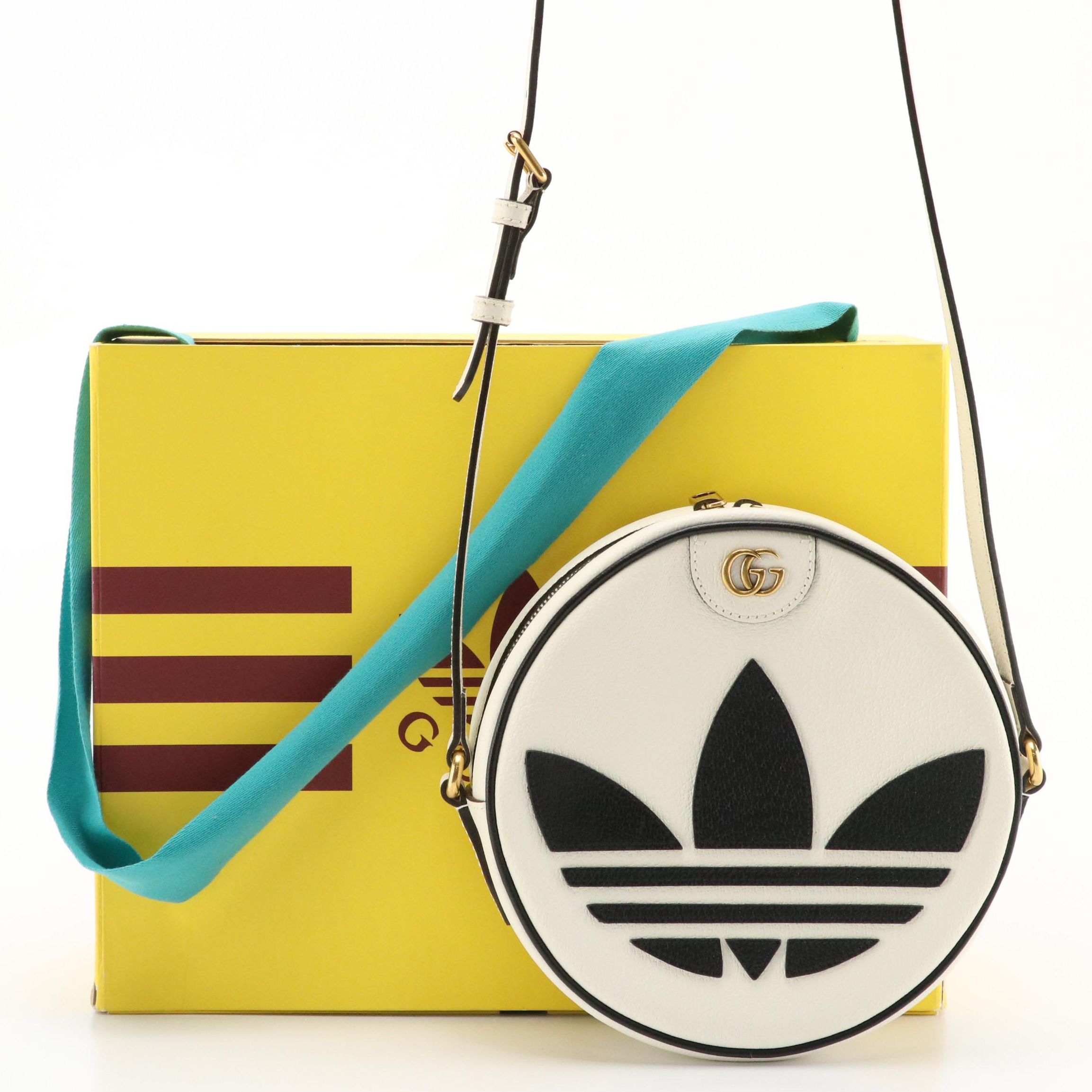 adidas x Gucci Ophidia Round Bag in Off White/Black Cinghiale Leather with Box