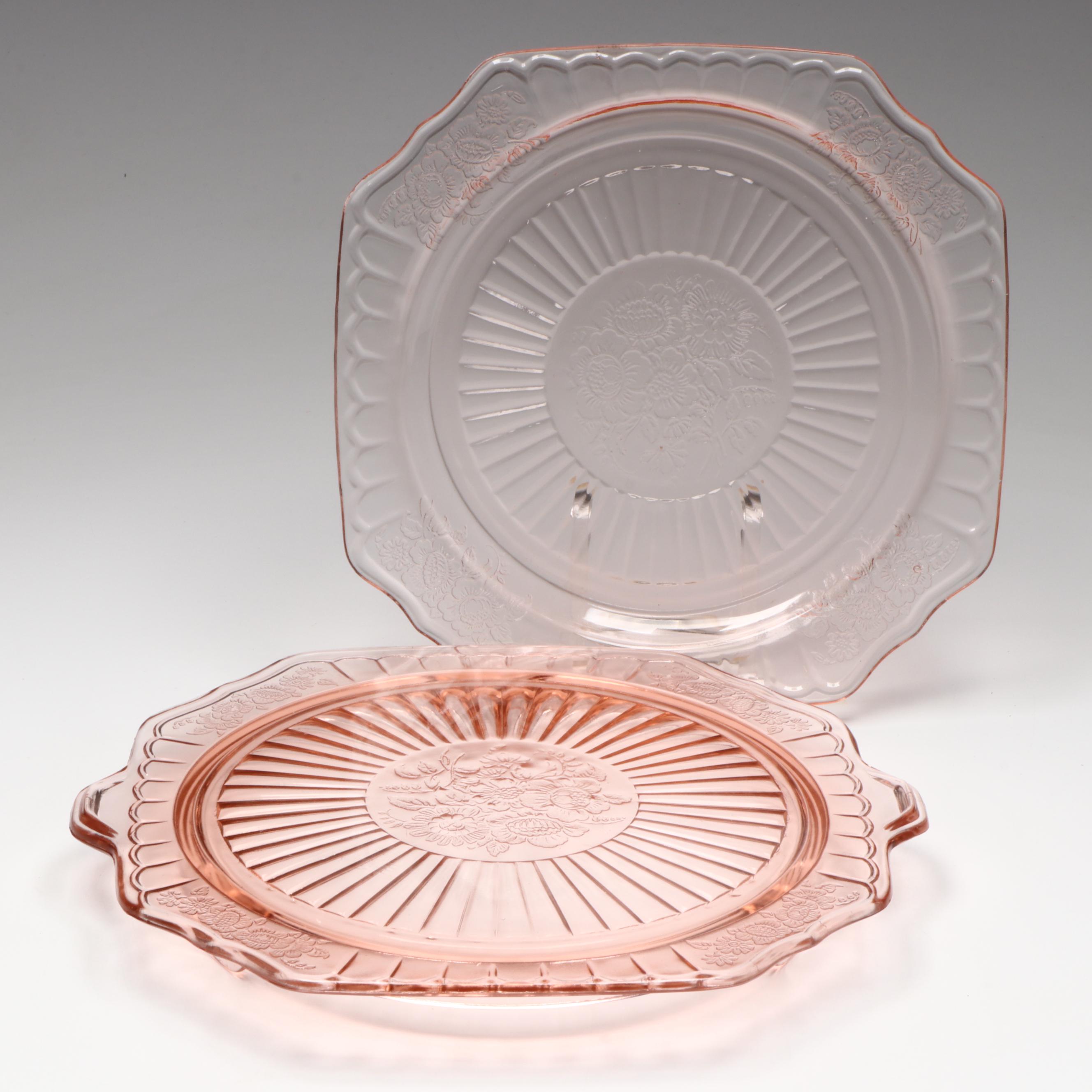 Anchor Hocking Glass "Mayfair Pink" Footed Cake Plate and Platter, 1931–1937