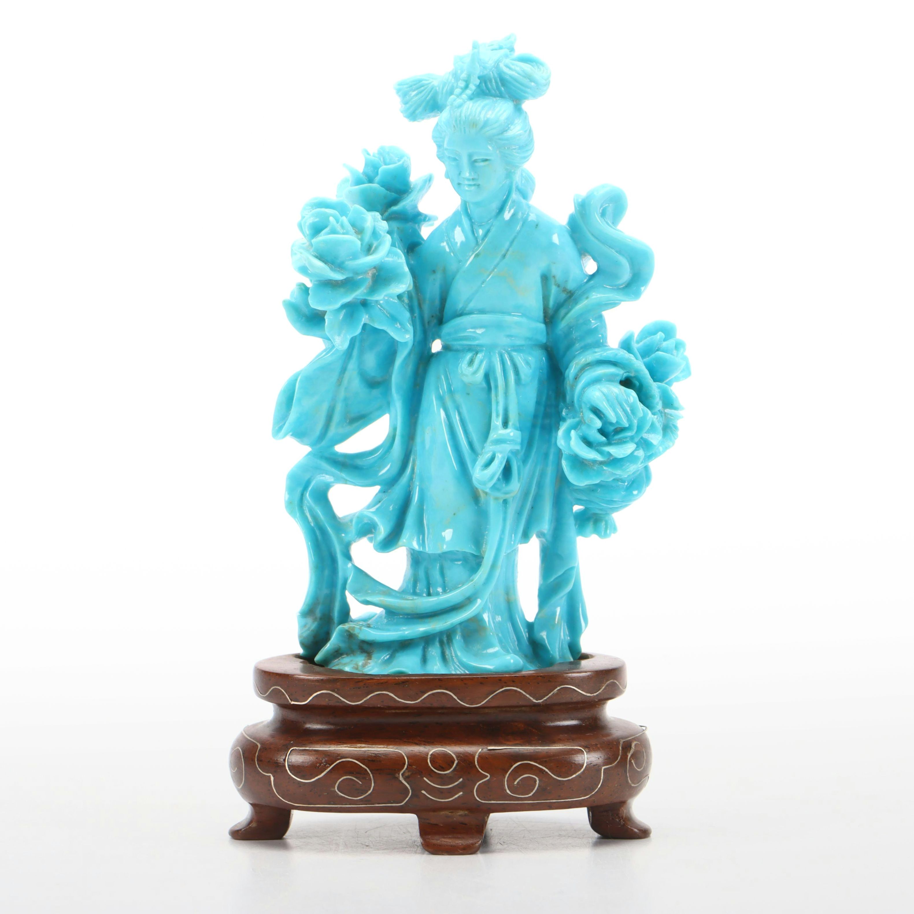 Chinese Turquoise Carving of Female Deity Surrounded by Flowers