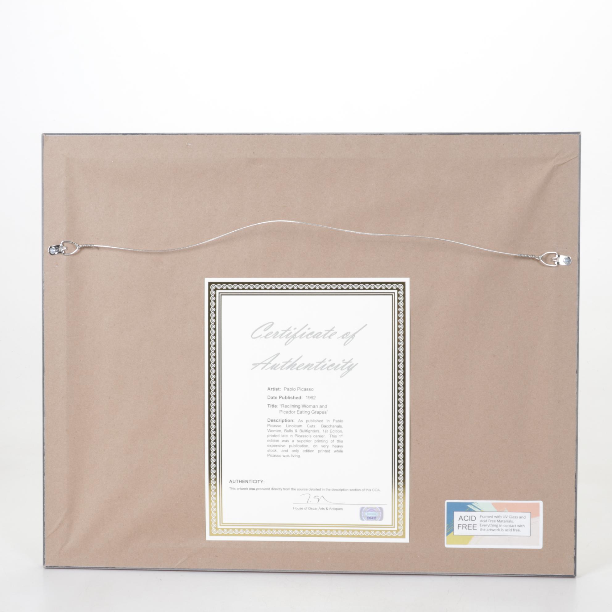 Pablo Picasso Linocut "Reclining Woman & Picador Eating Grapes", 1962