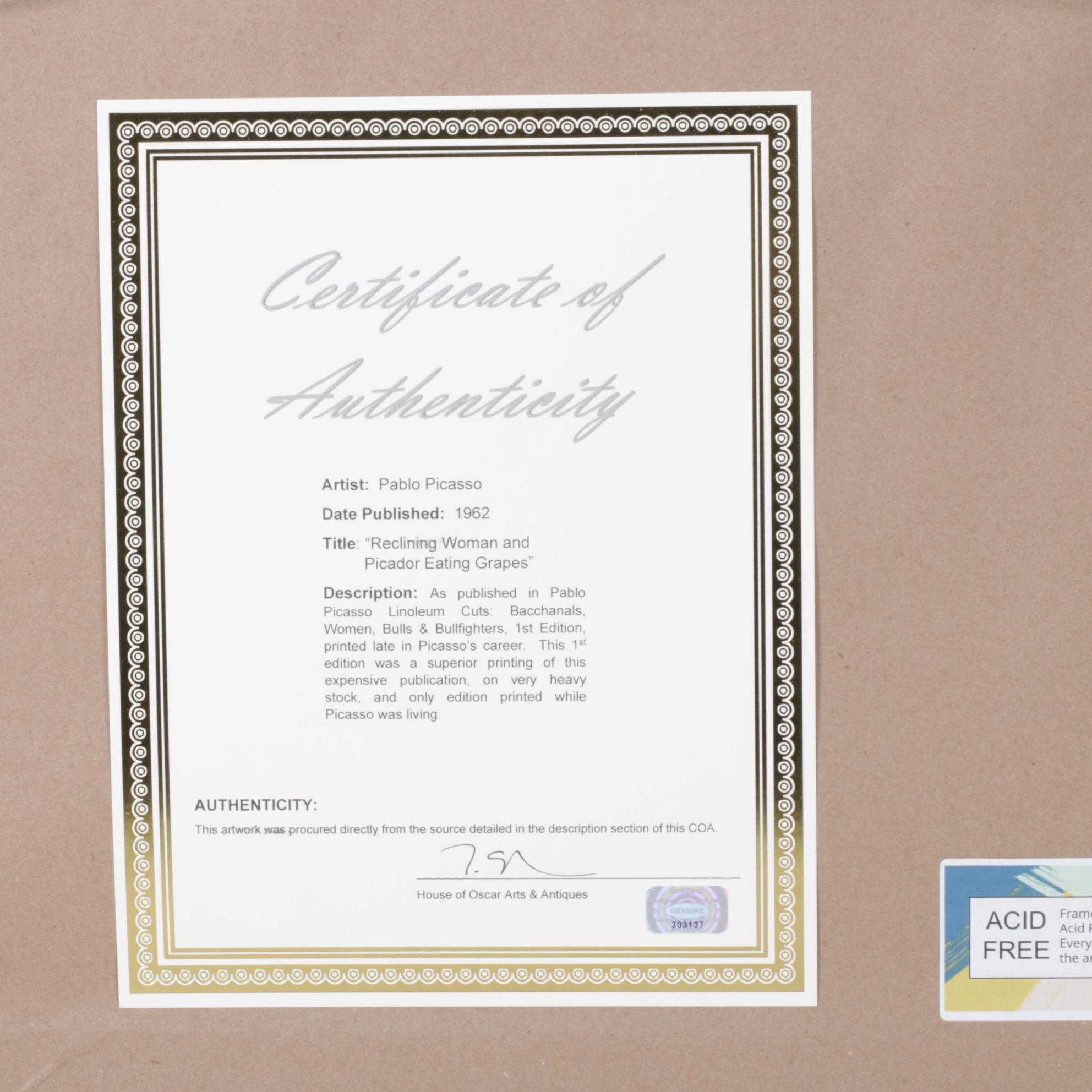 Pablo Picasso Linocut "Reclining Woman & Picador Eating Grapes", 1962