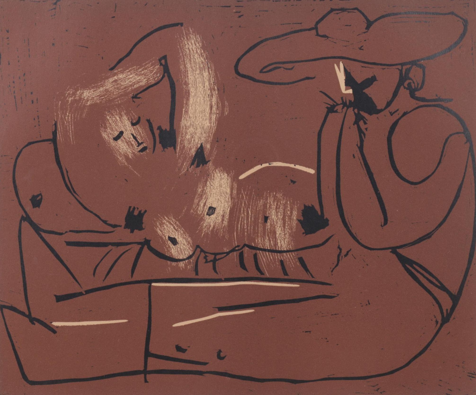 Pablo Picasso Linocut "Reclining Woman & Picador Eating Grapes", 1962