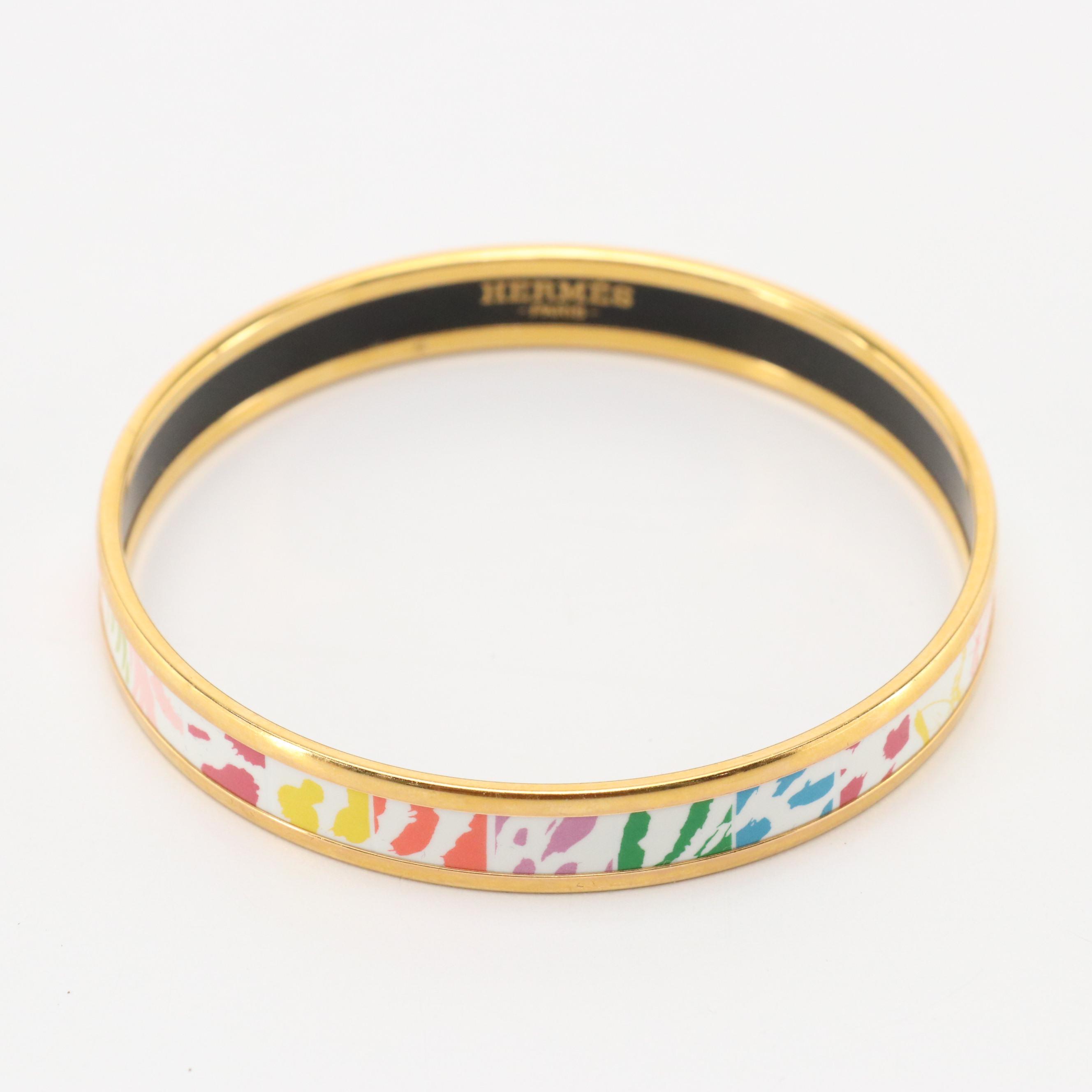 Hermès Jungle Love Rainbow Enamel Narrow Bangle Bracelet in Box