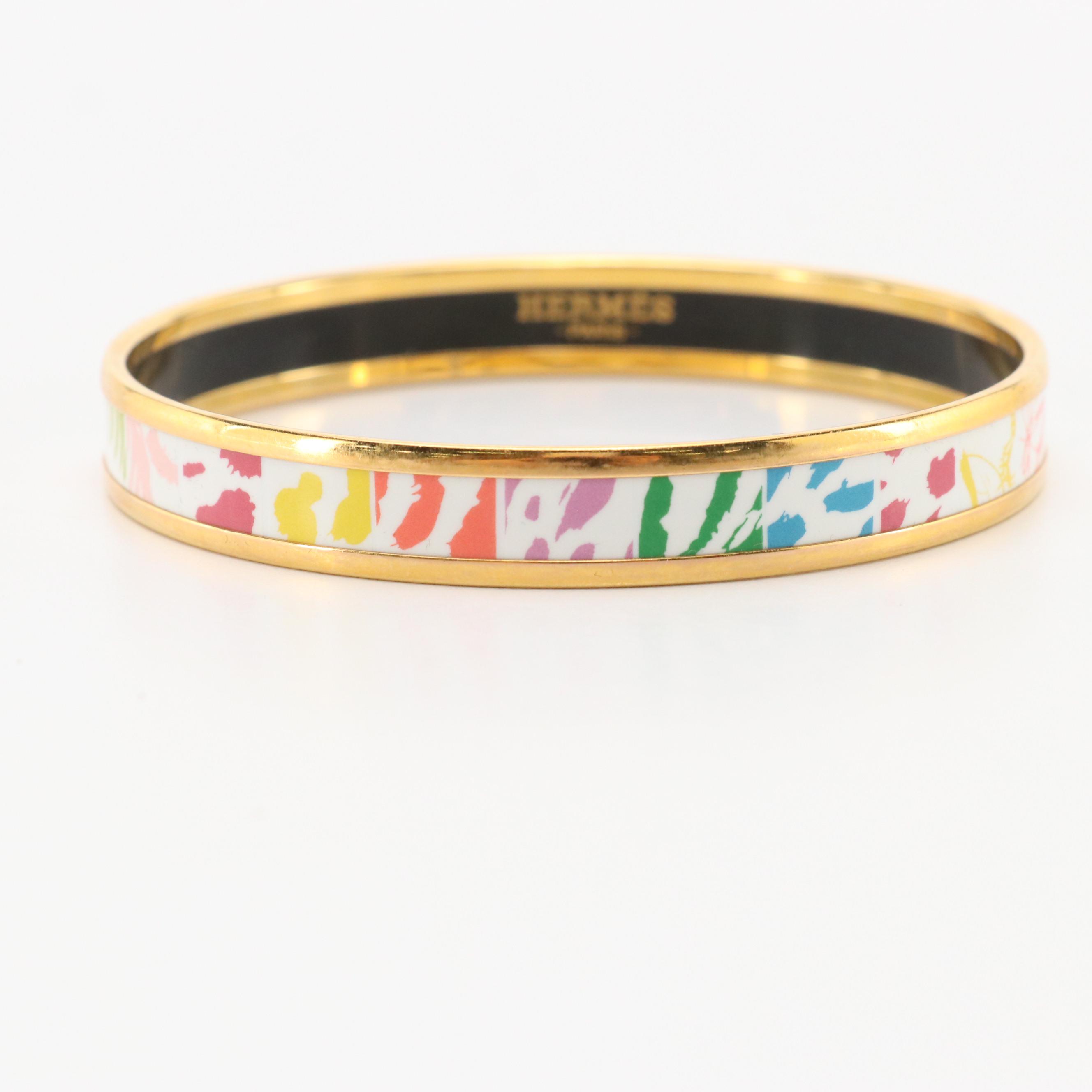 Hermès Jungle Love Rainbow Enamel Narrow Bangle Bracelet in Box