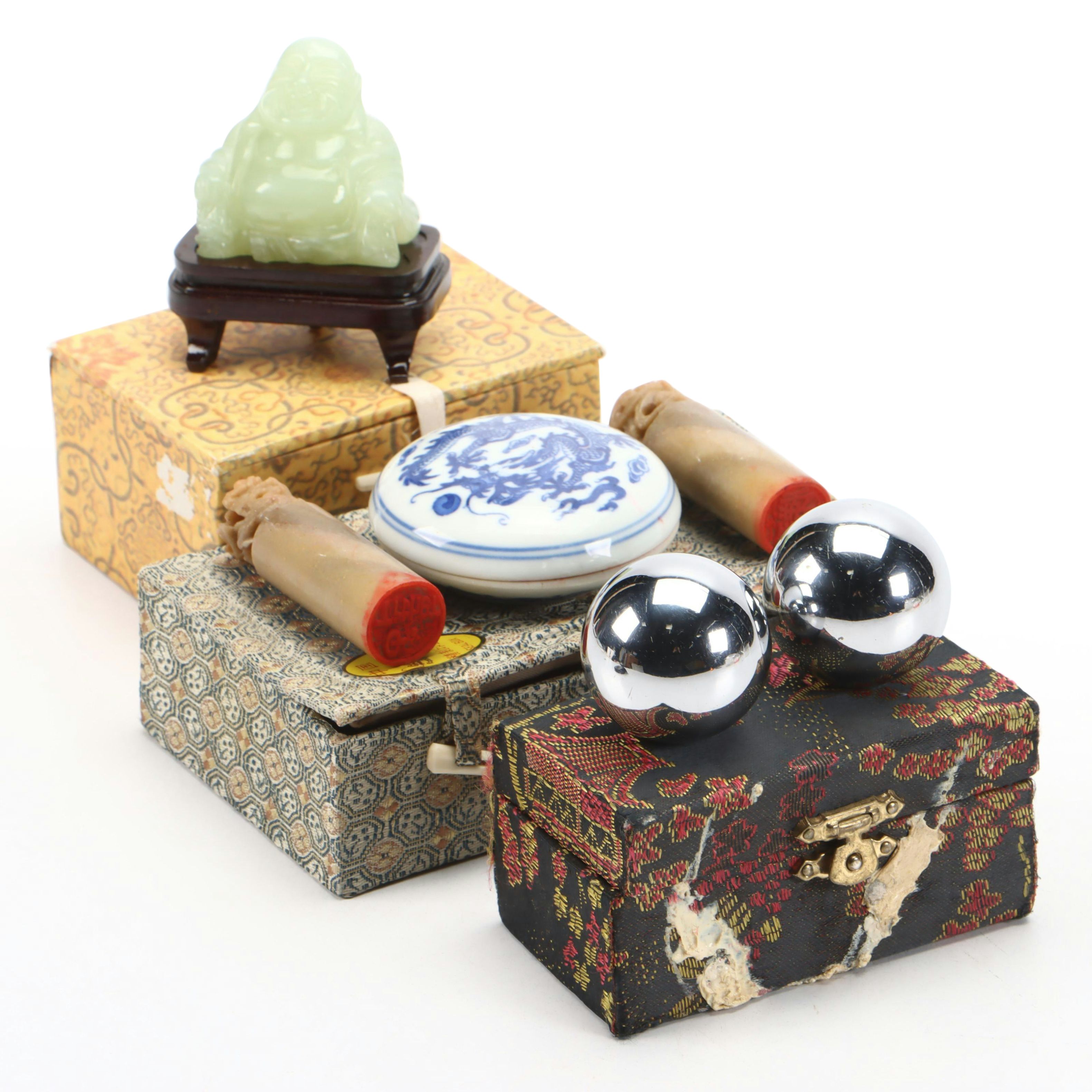 Chinese Carved Serpentine Buddha, Soapstone Stamps, Paste Box and More