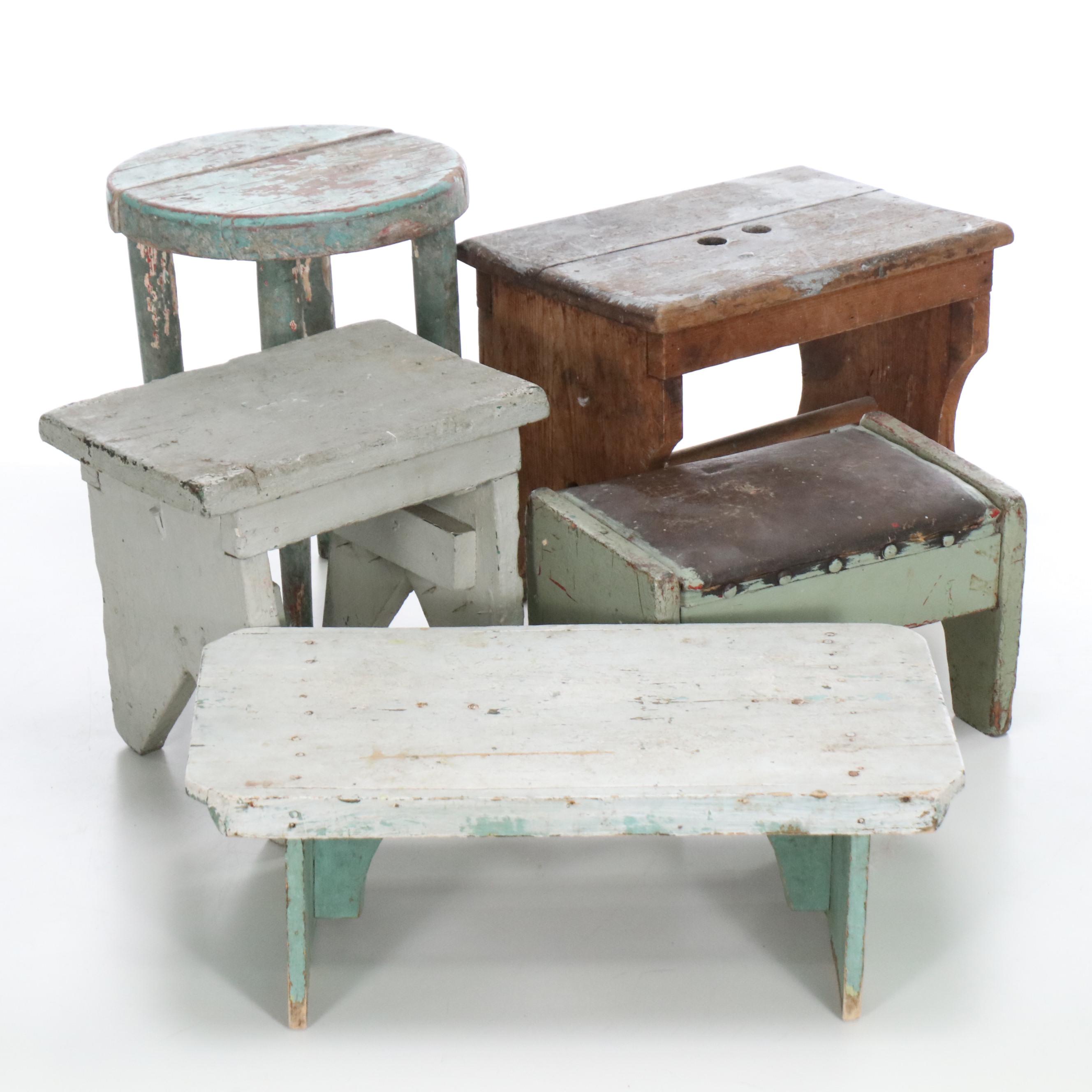 Primitive Style Wooden Stools, Early to Mid-20th Century