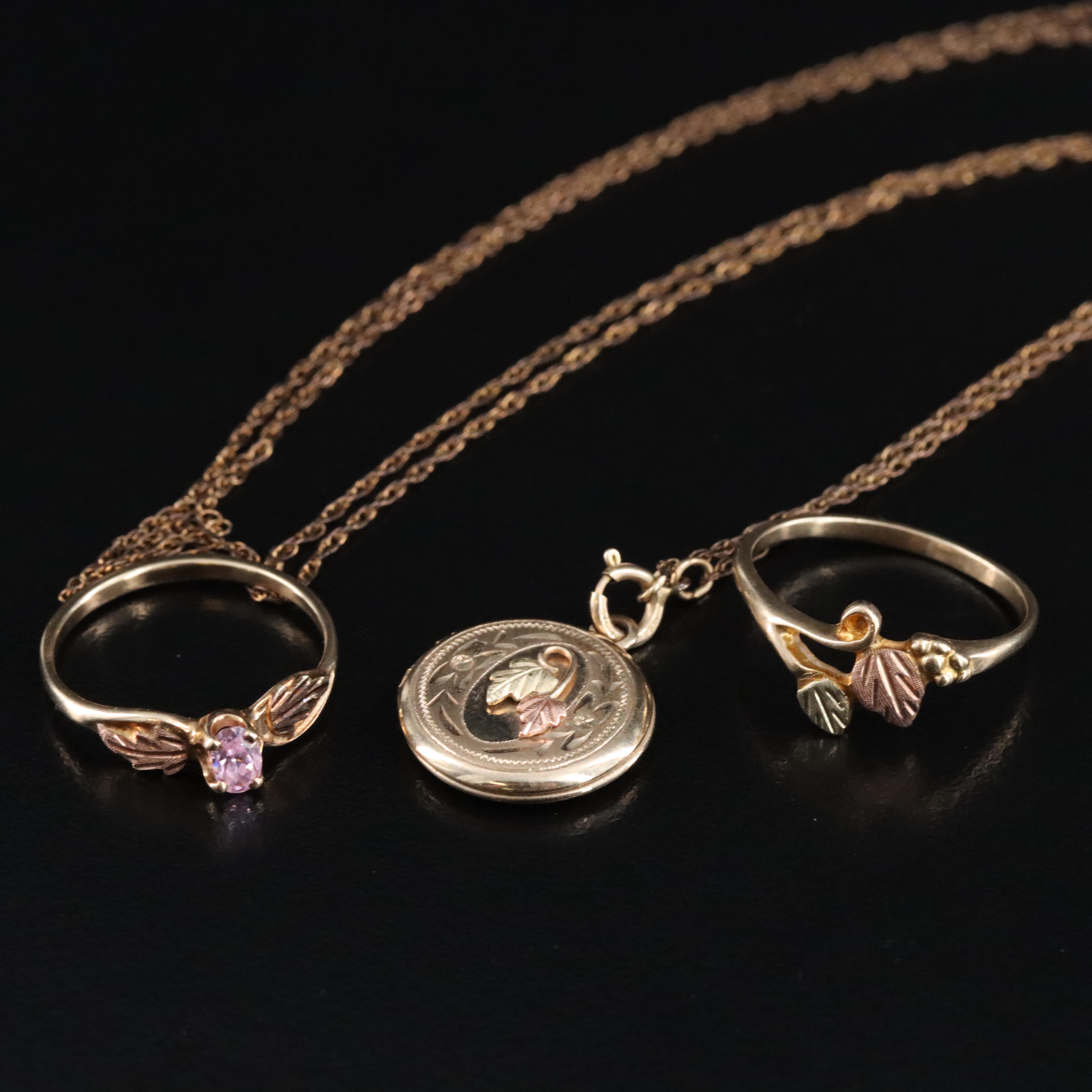 Black Hills Gold 10K Tri-Color Rings and Gold-Filled Locket on Chain Necklace