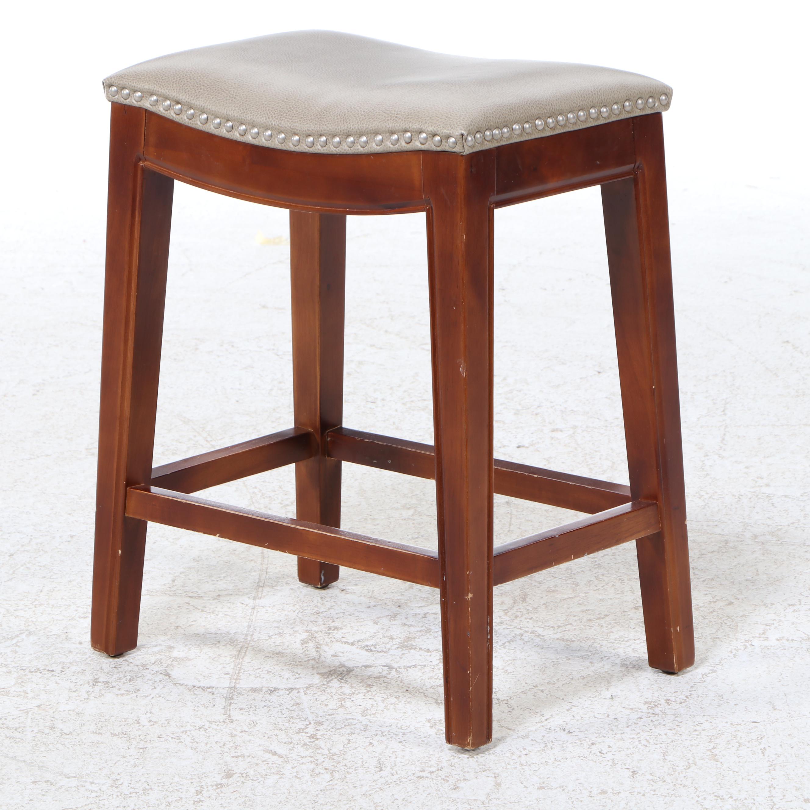 Four Contemporary Hardwood and Faux-Leather Counter Stools with Nailheads