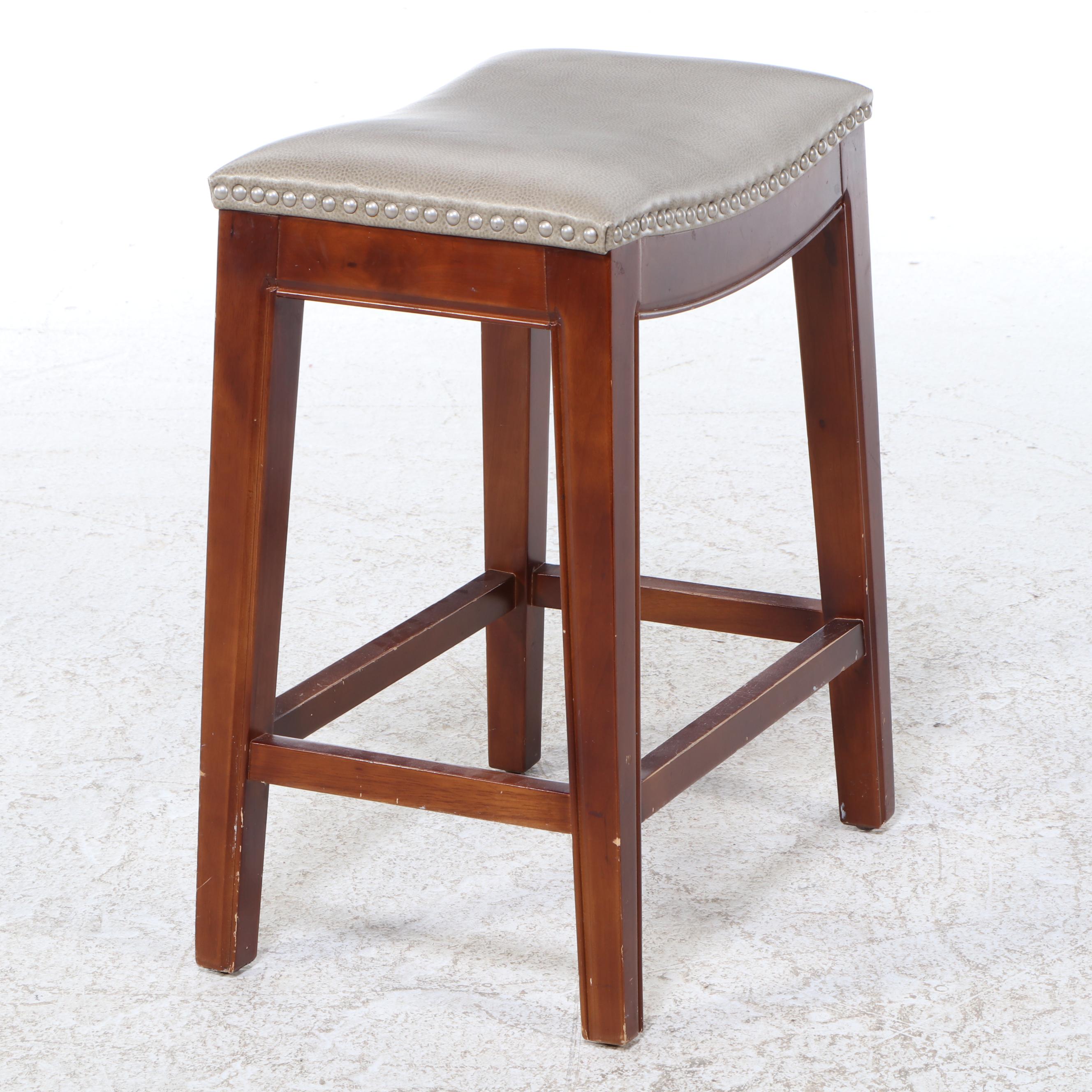 Four Contemporary Hardwood and Faux-Leather Counter Stools with Nailheads