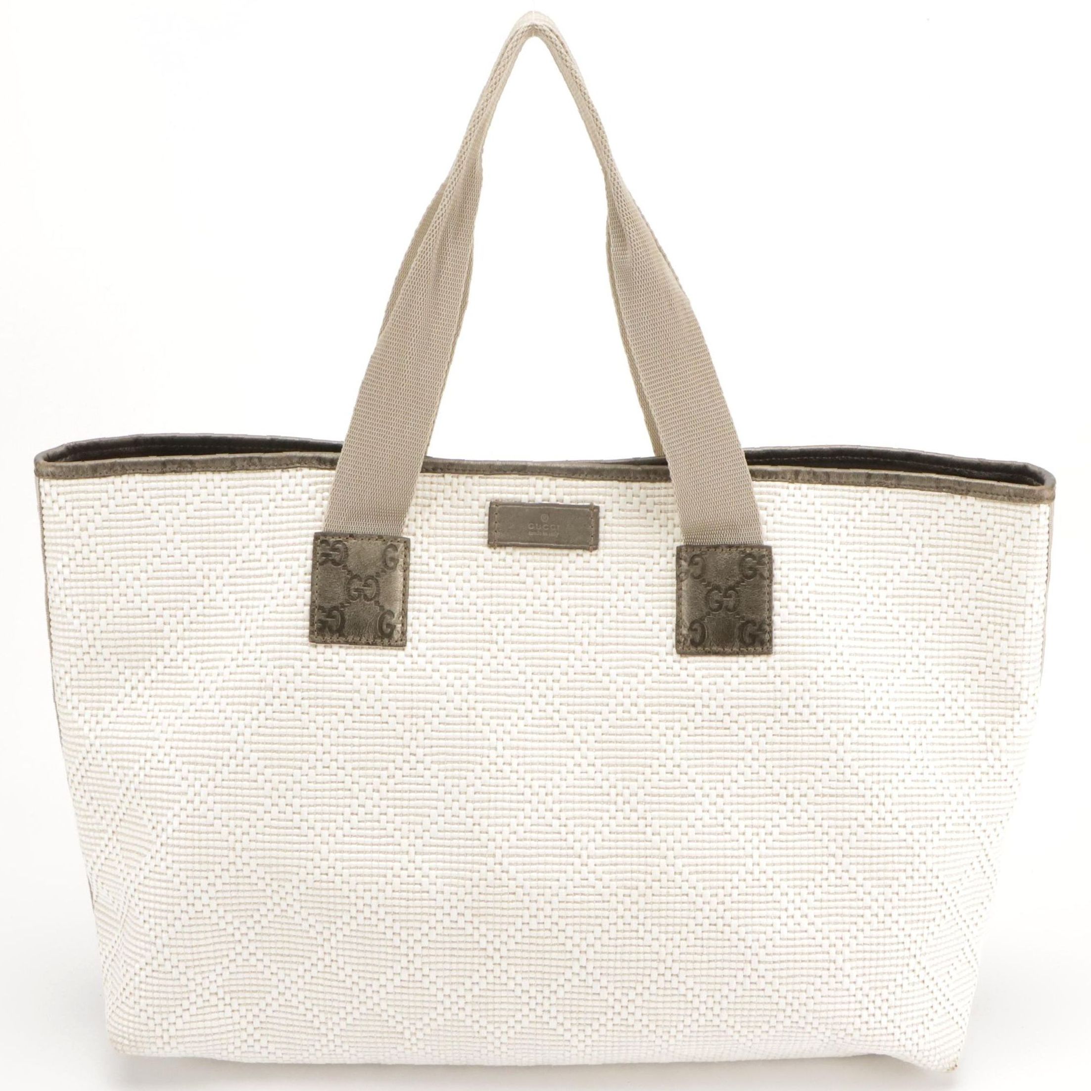 Gucci Diamante Woven Raffia Tote with Shimmery Guccissima Leather Accents