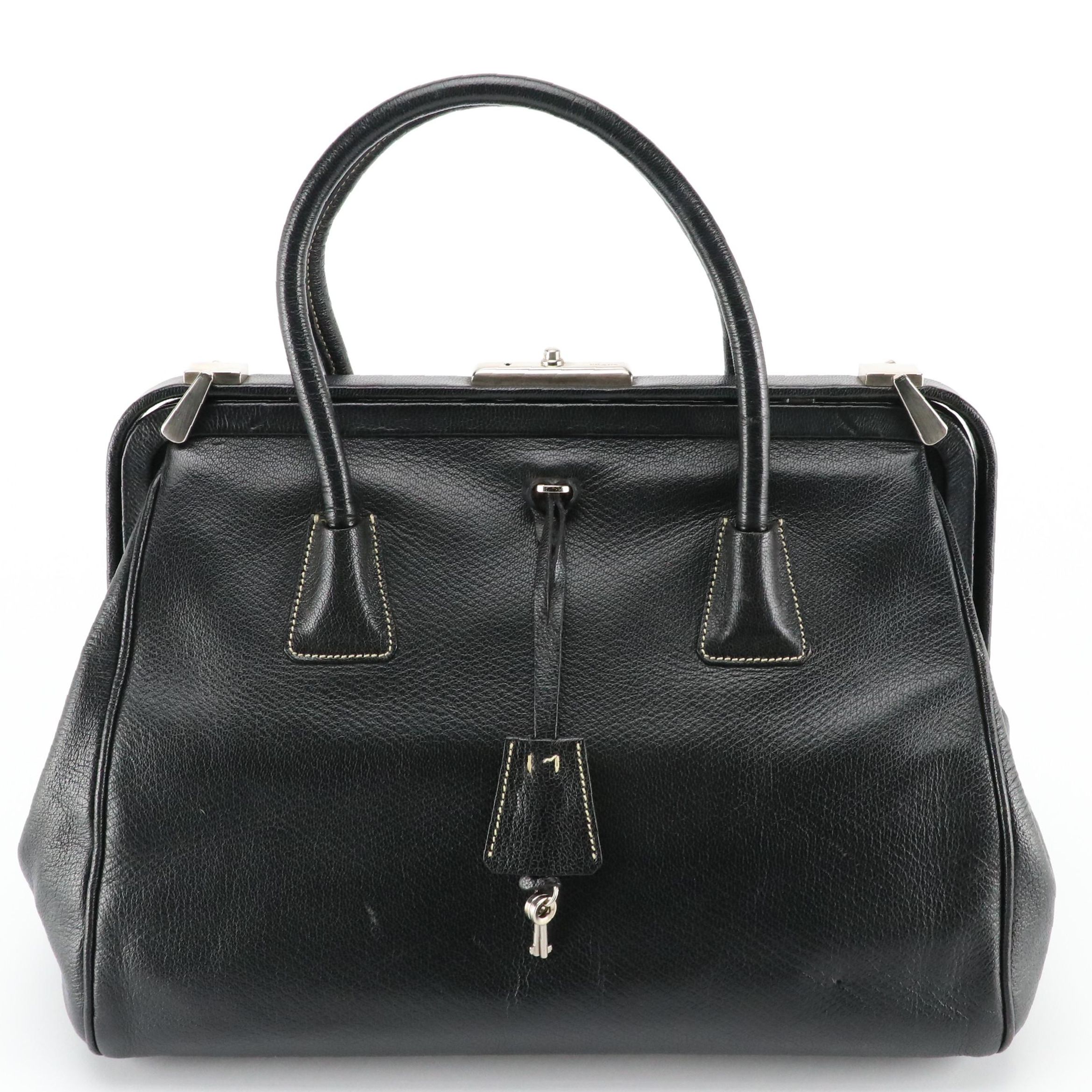Prada Black Madras Cerniera Leather Doctors Bag