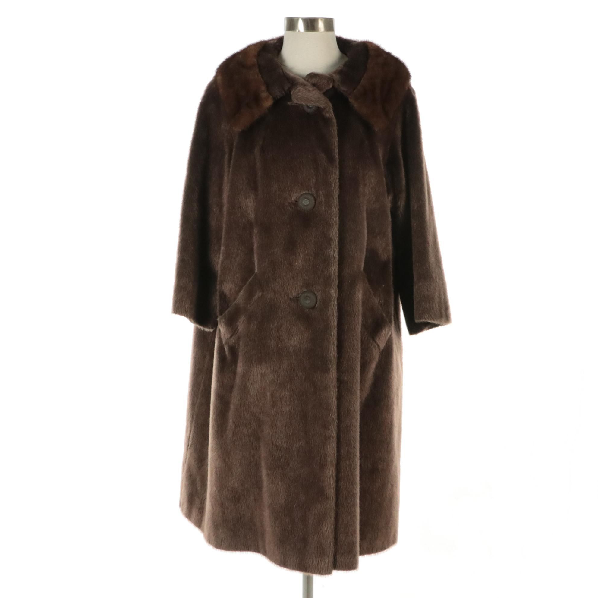 Mink Fur Trimmed Faux Fur Coat from Gimbels, Mid-20th Century