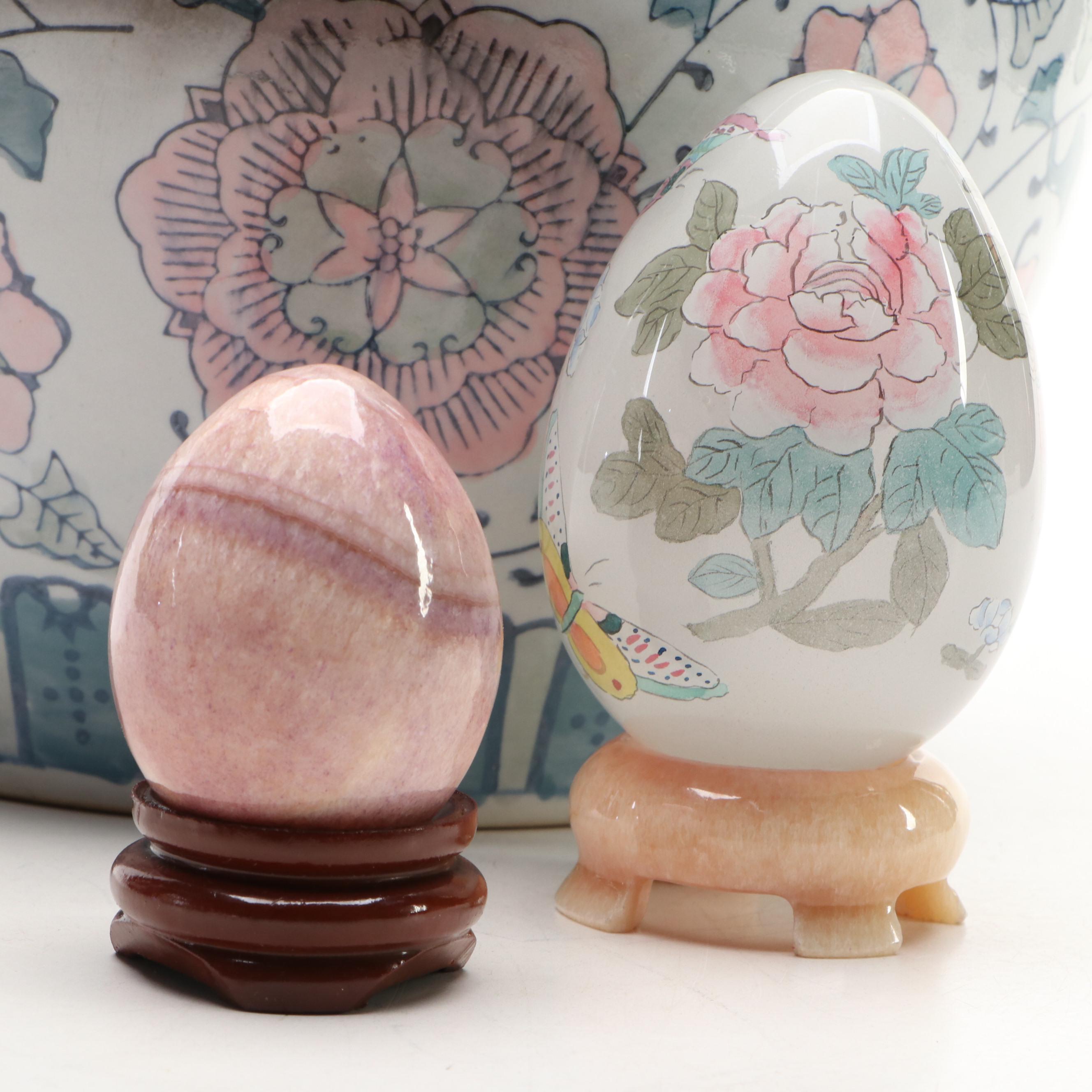 Hand-Painted Ceramic Planter with Glass Egg Figurine and More