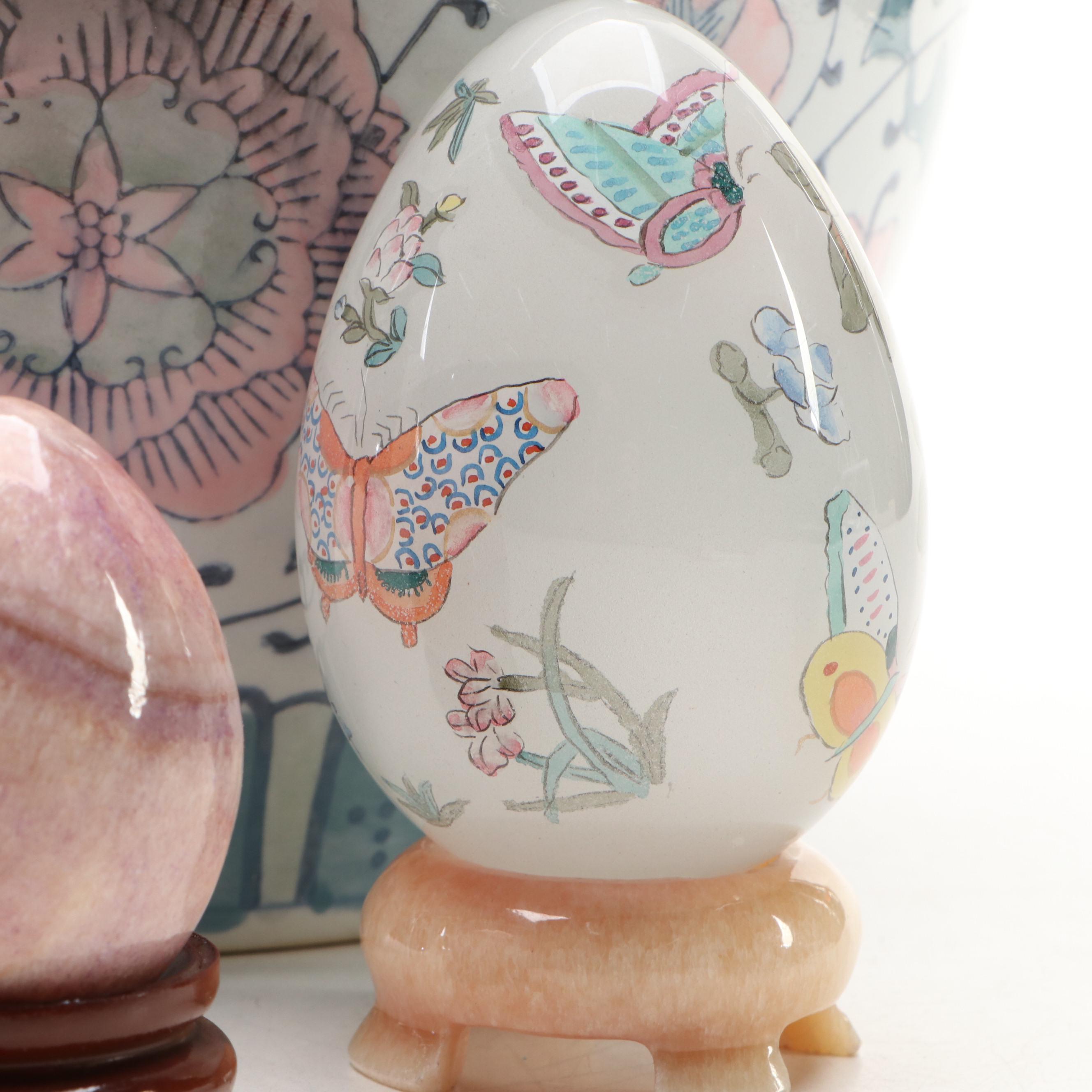 Hand-Painted Ceramic Planter with Glass Egg Figurine and More