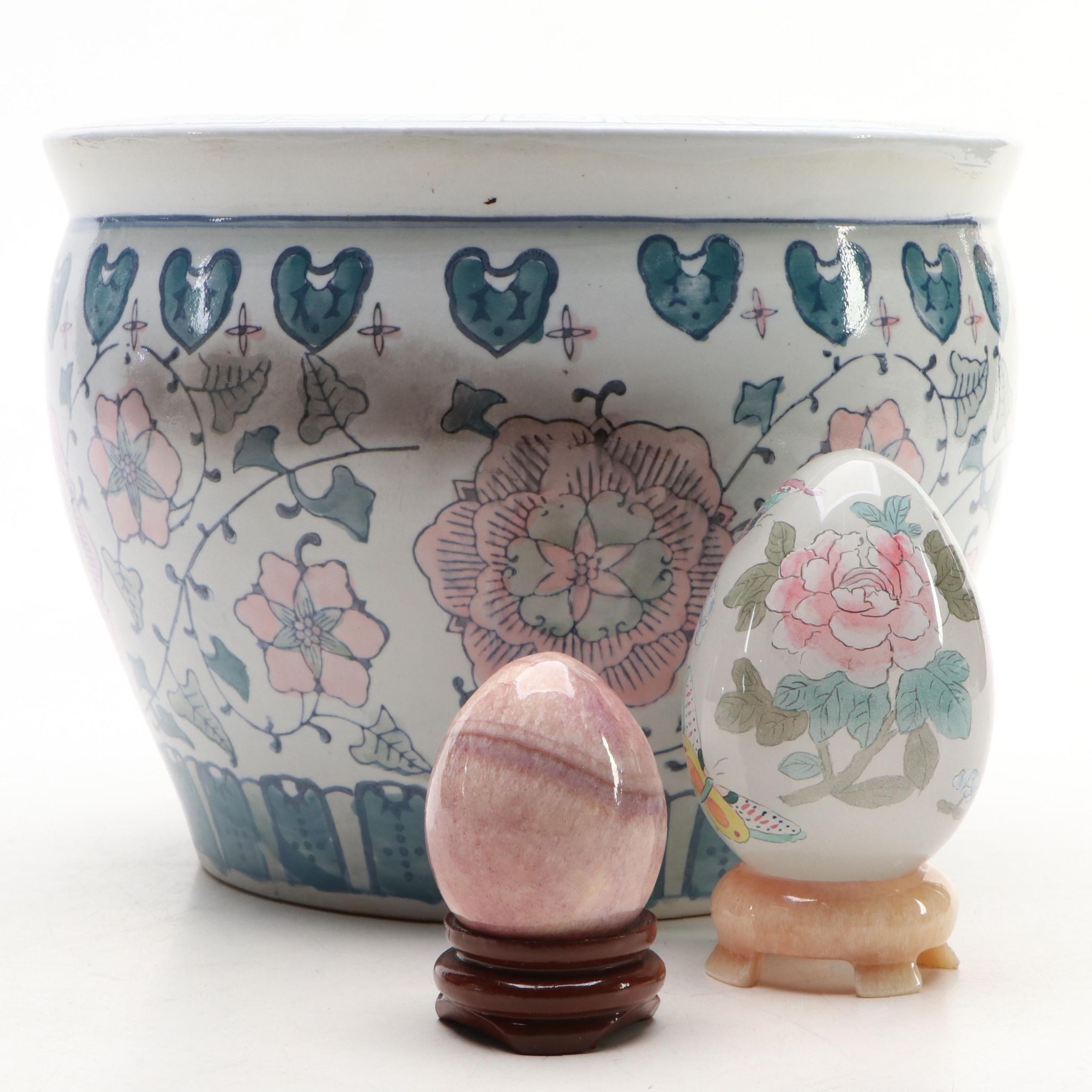 Hand-Painted Ceramic Planter with Glass Egg Figurine and More