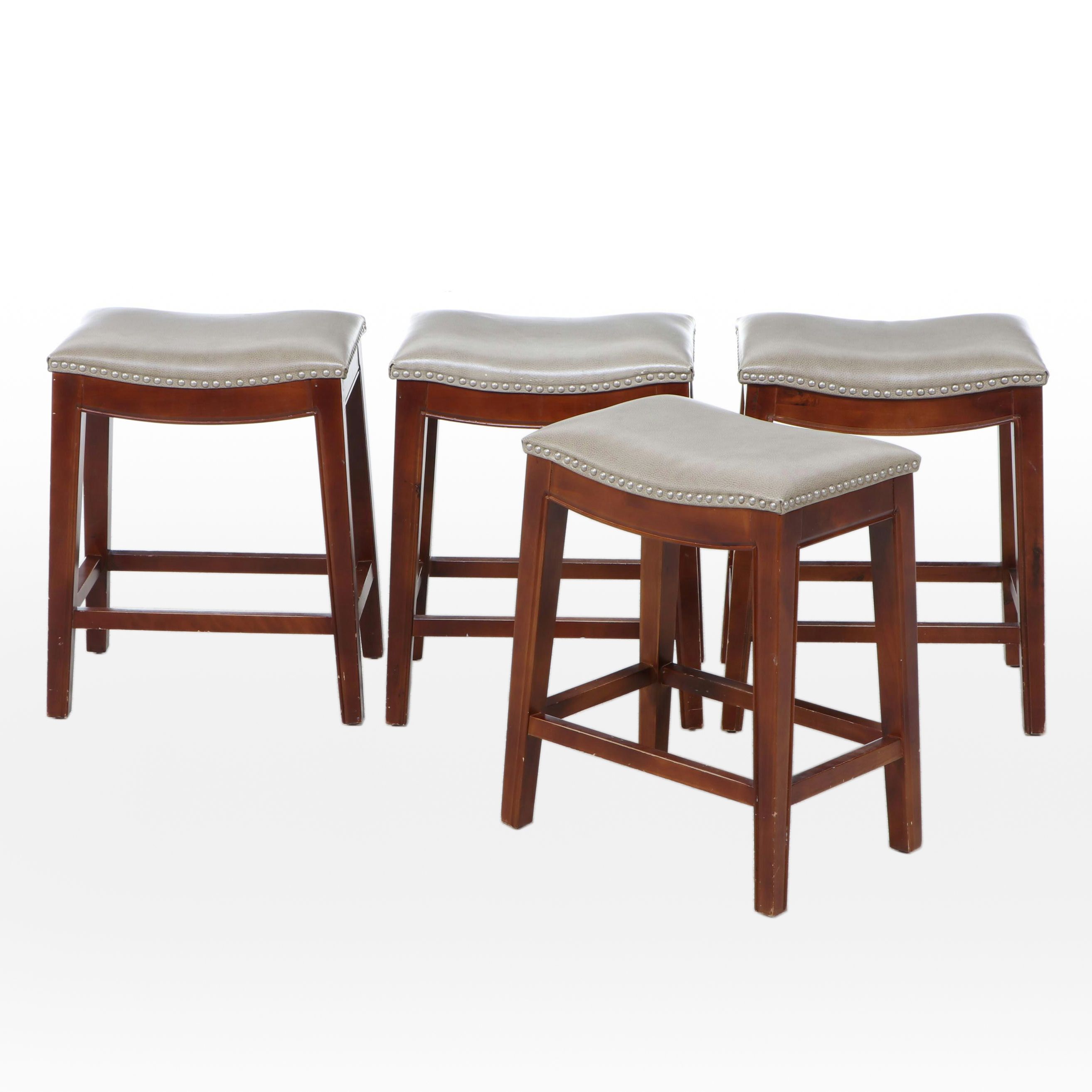Four Contemporary Hardwood and Faux-Leather Counter Stools with Nailheads